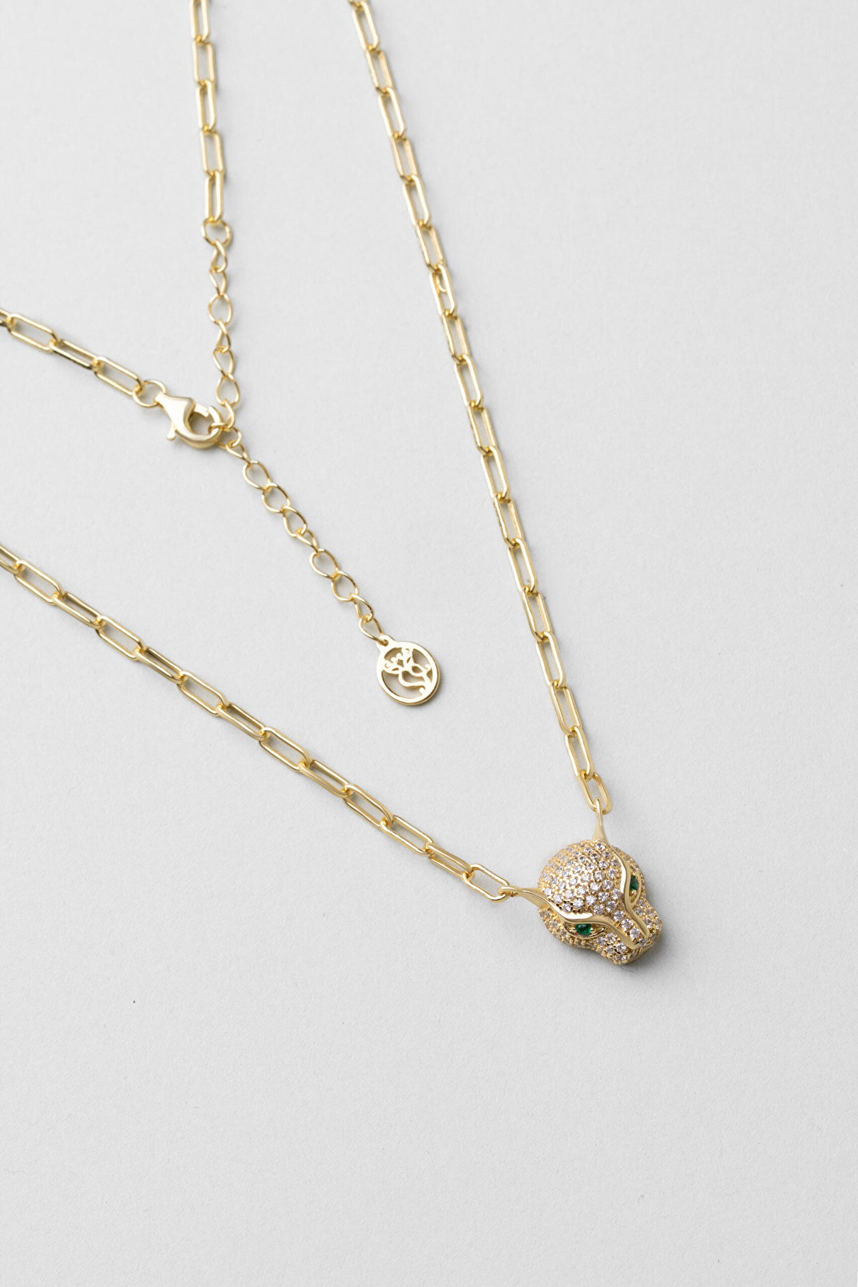 Yeşil Gözlü Kaplan 18 Ayar Sarı Altın Kaplama 43 Cm Gümüş Kolye - 0