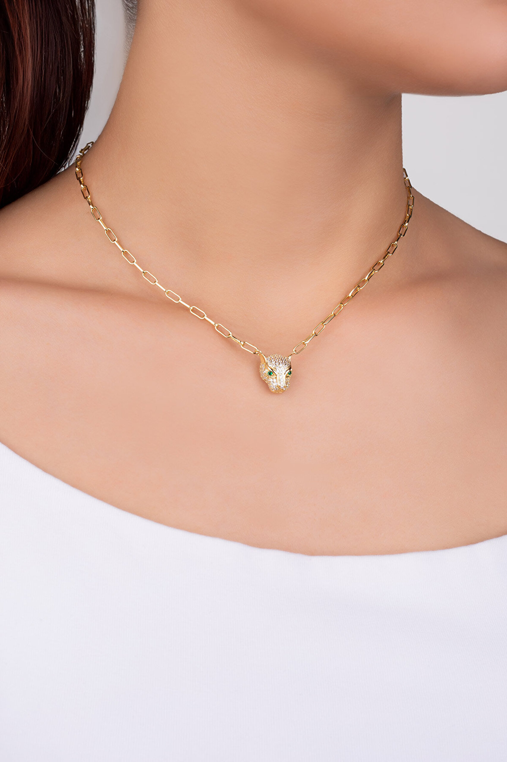 Yeşil Gözlü Kaplan 18 Ayar Sarı Altın Kaplama 43 Cm Gümüş Kolye - 1