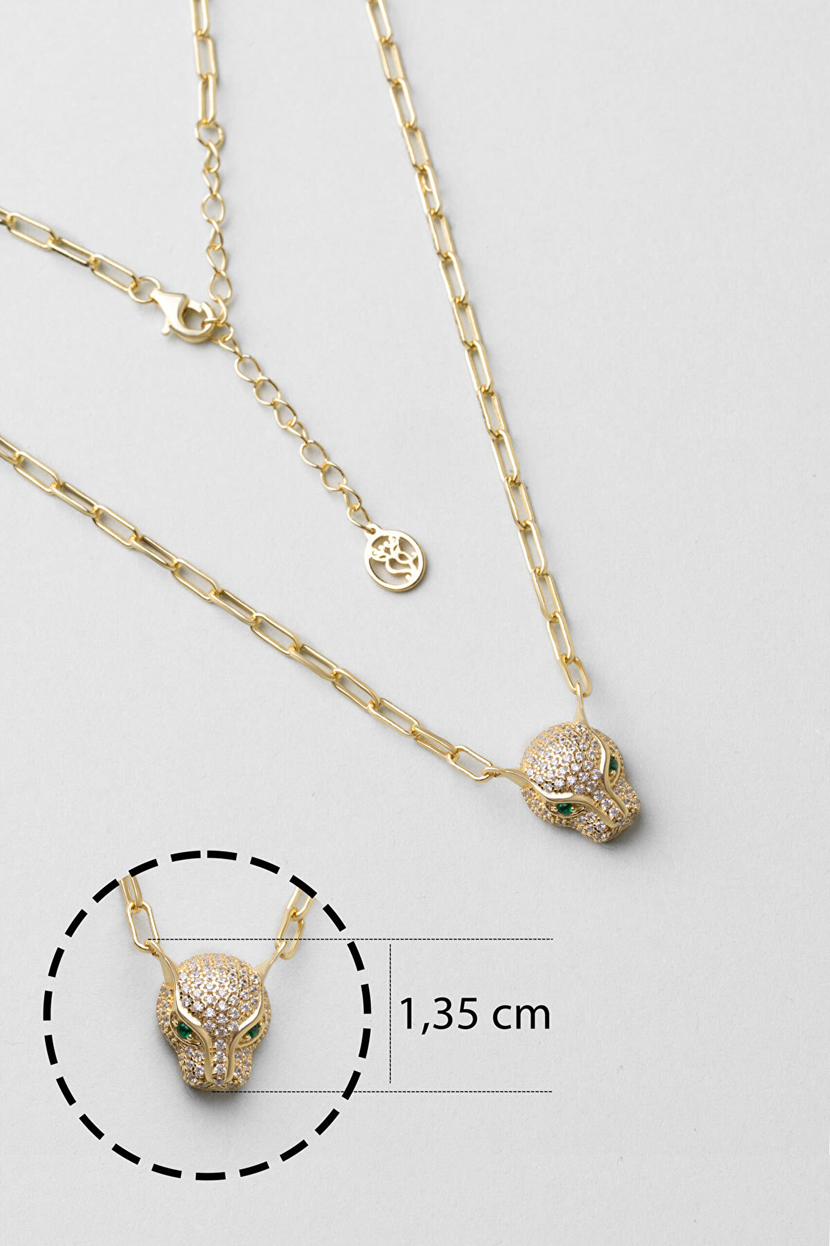 Yeşil Gözlü Kaplan 18 Ayar Sarı Altın Kaplama 43 Cm Gümüş Kolye - 2