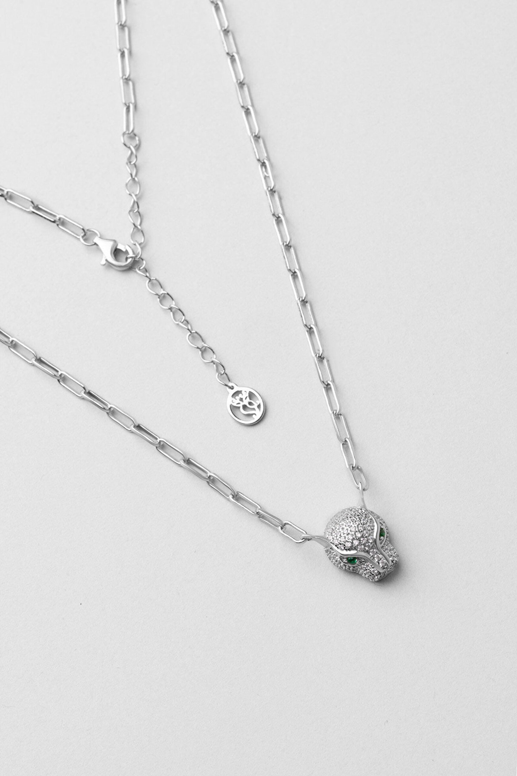 Yeşil Gözlü Kaplan 18 Ayar Beyaz Altın Kaplama 43 Cm Gümüş Kolye - 0