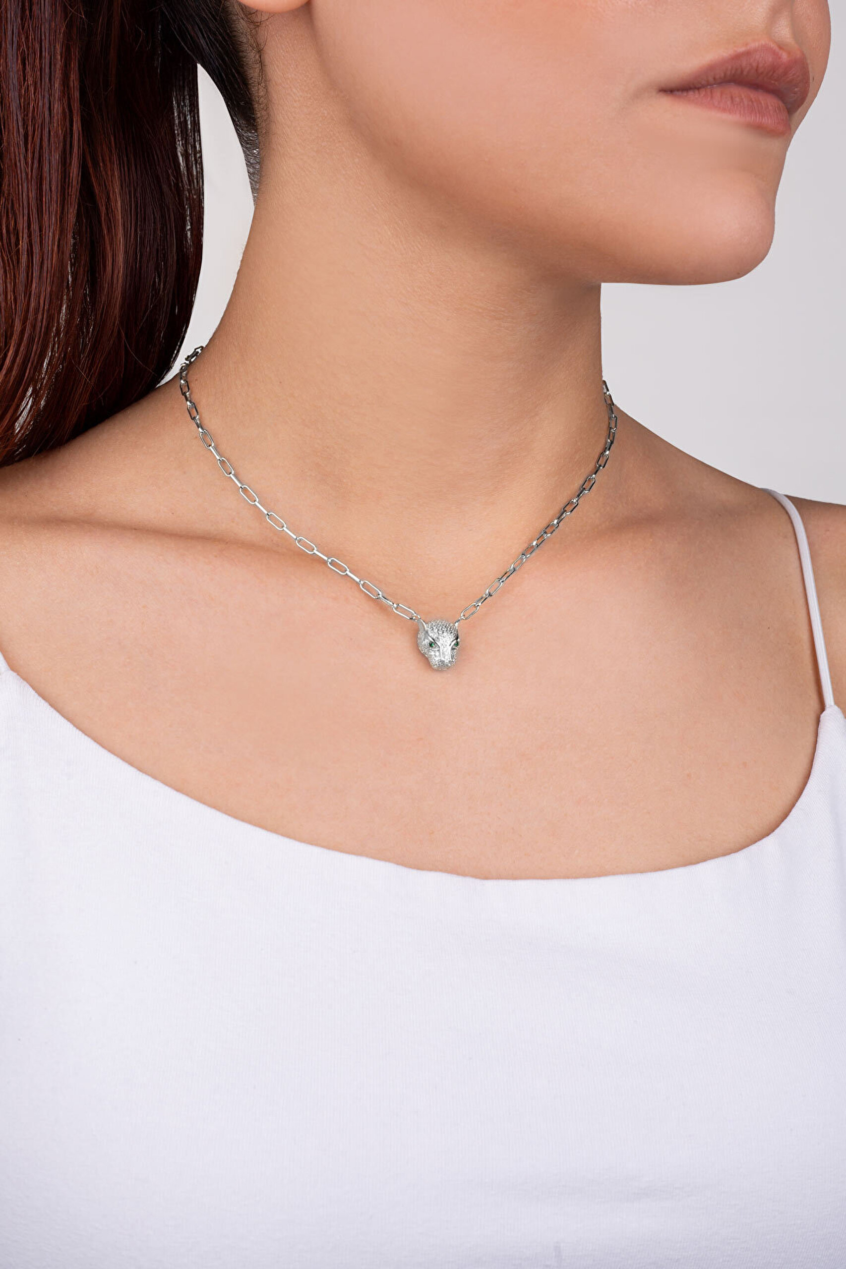 Yeşil Gözlü Kaplan 18 Ayar Beyaz Altın Kaplama 43 Cm Gümüş Kolye - 3