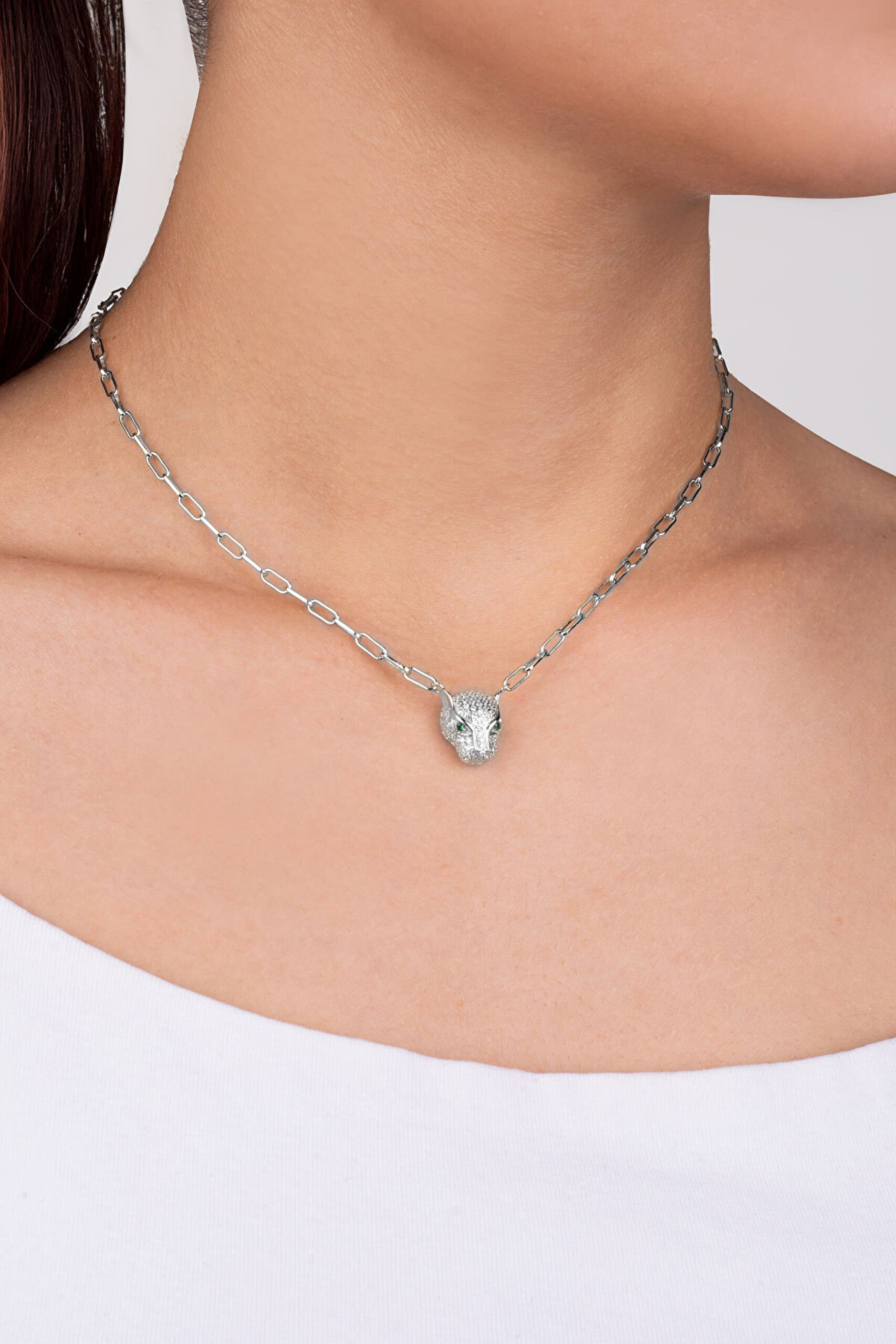 Yeşil Gözlü Kaplan 18 Ayar Beyaz Altın Kaplama 43 Cm Gümüş Kolye - 1