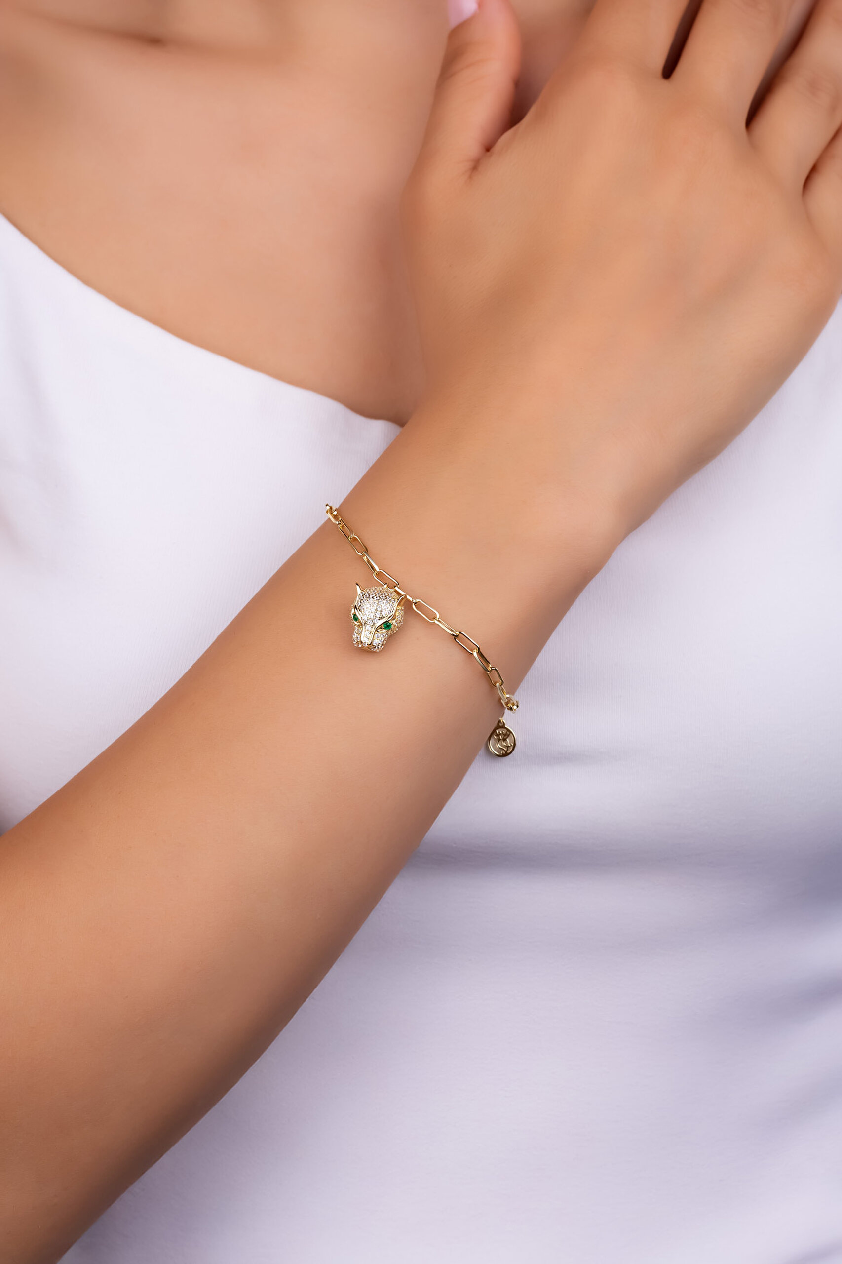 ⁠ Yeşil Gözlü Kaplan 18 Ayar Sarı Altın Kaplama 20 Cm Gümüş Bileklik_3}