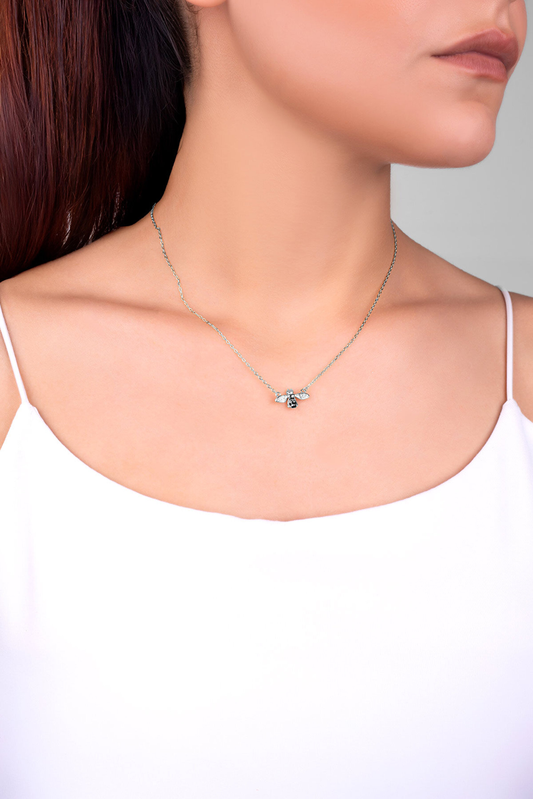 Sevimli Arı 18 Ayar Beyaz Altın Kaplama 45 Cm Gümüş Kolye - 3