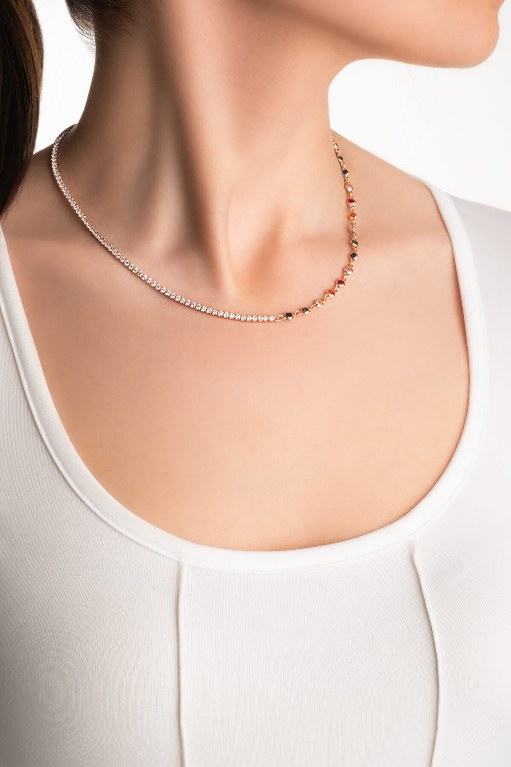 Gökkuşağı Renkli 18 Ayar Rose Altın Kaplama 45 Cm Gümüş Su Yolu Kolye - 3