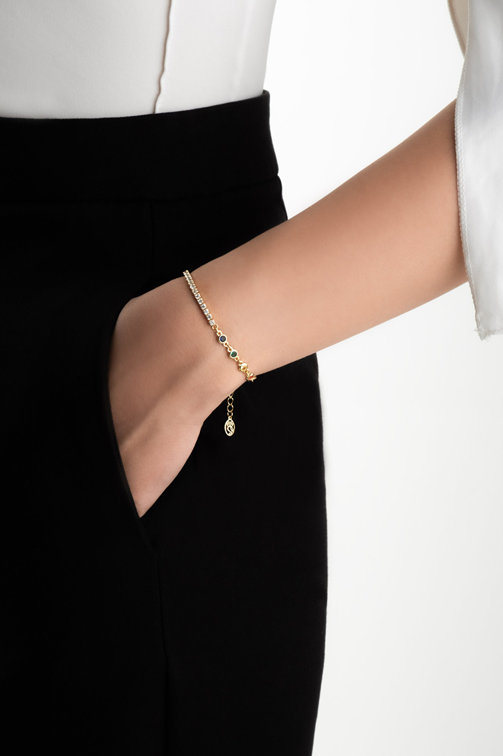 ⁠ Gökkuşağı 18 Ayar Sarı Altın Kaplama 19 Cm Gümüş Su Yolu Bileklik_3}