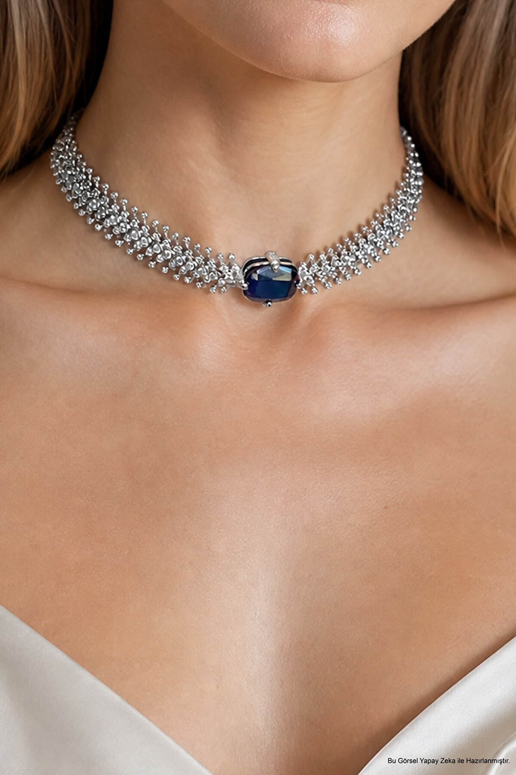 Gece Mavisi 18 Ayar Beyaz Altın Kaplama Gümüş Choker Gerdanlık - 2