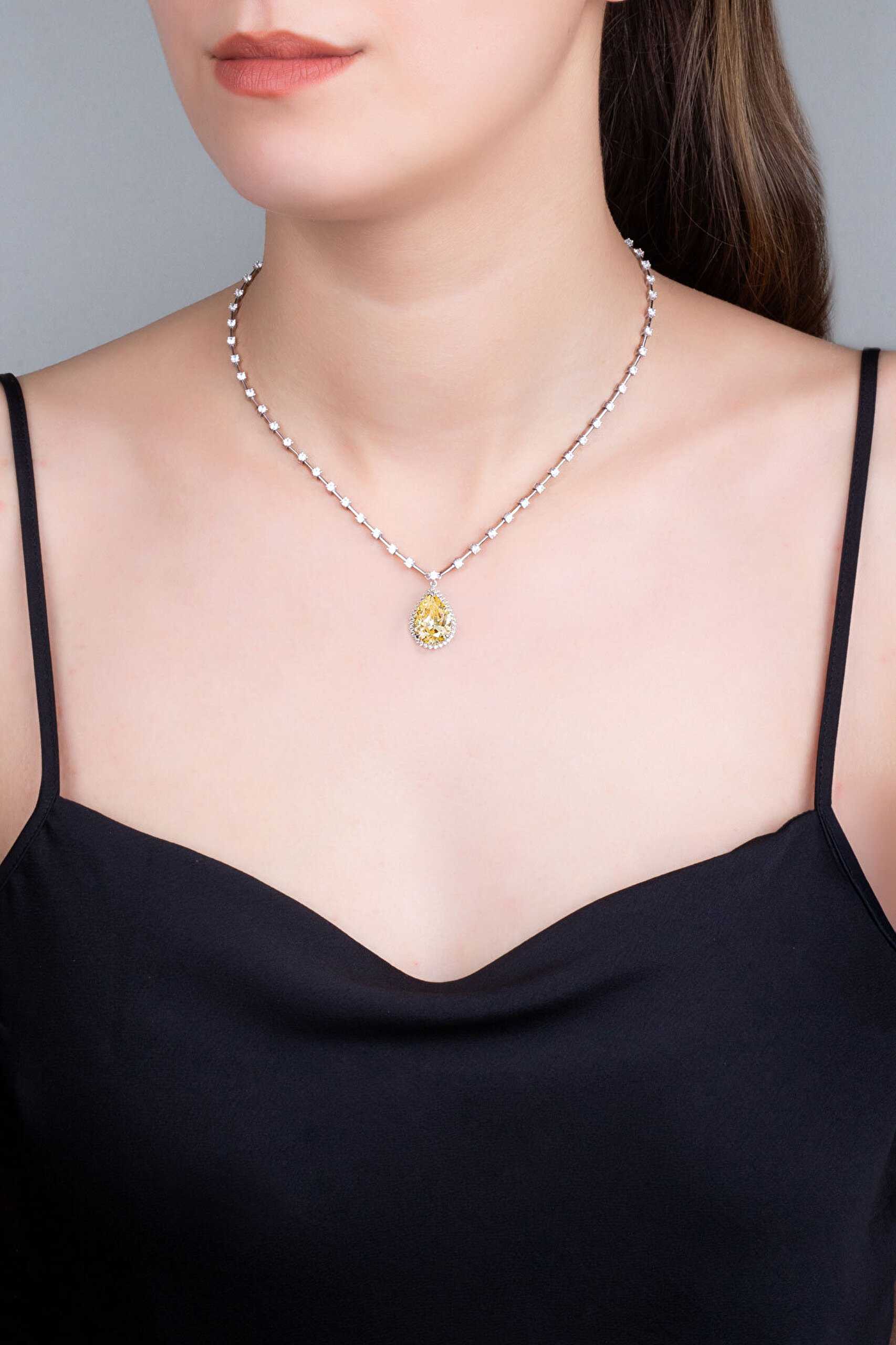 Güneş Damlası 18 Ayar Beyaz Altın Kaplama 43 Cm Gümüş Gerdanlık - 2