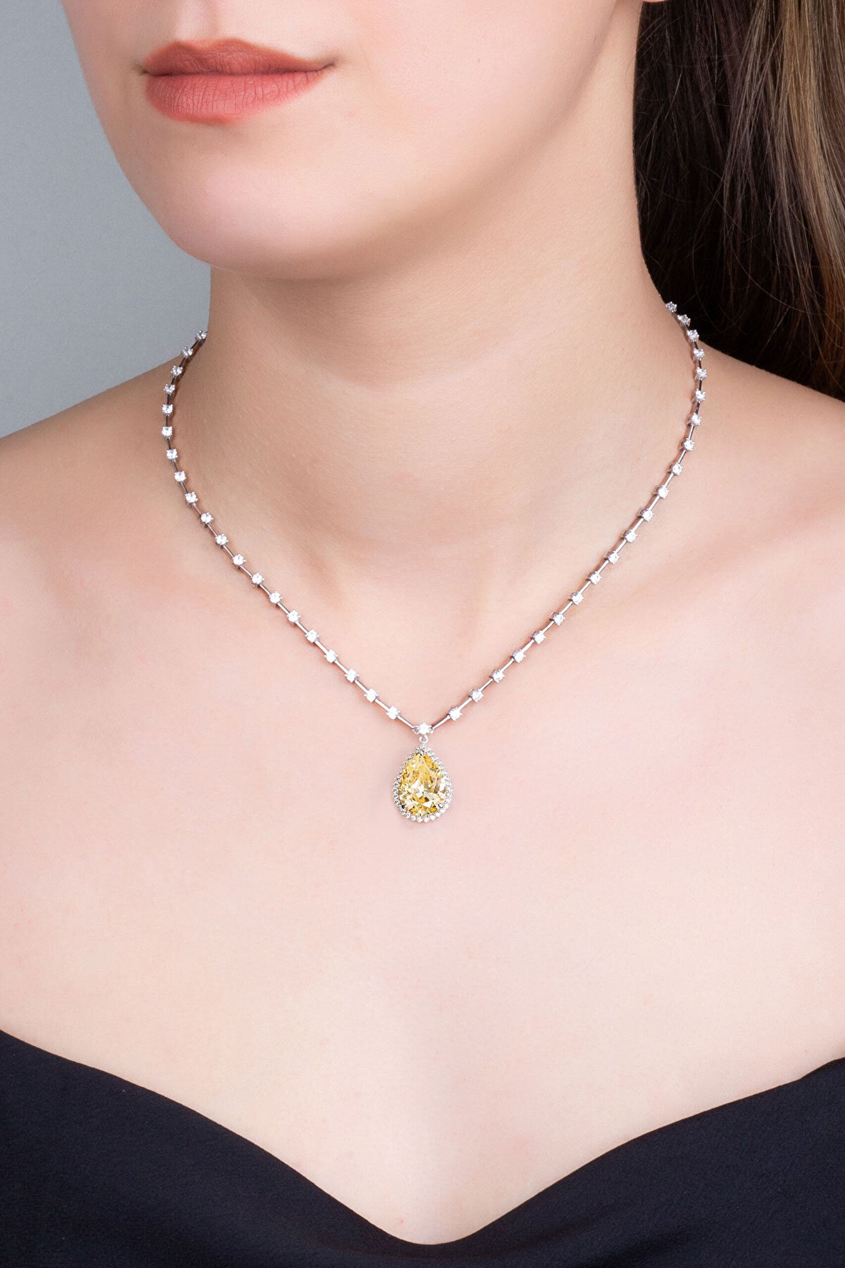 Güneş Damlası 18 Ayar Beyaz Altın Kaplama 43 Cm Gümüş Gerdanlık - 0