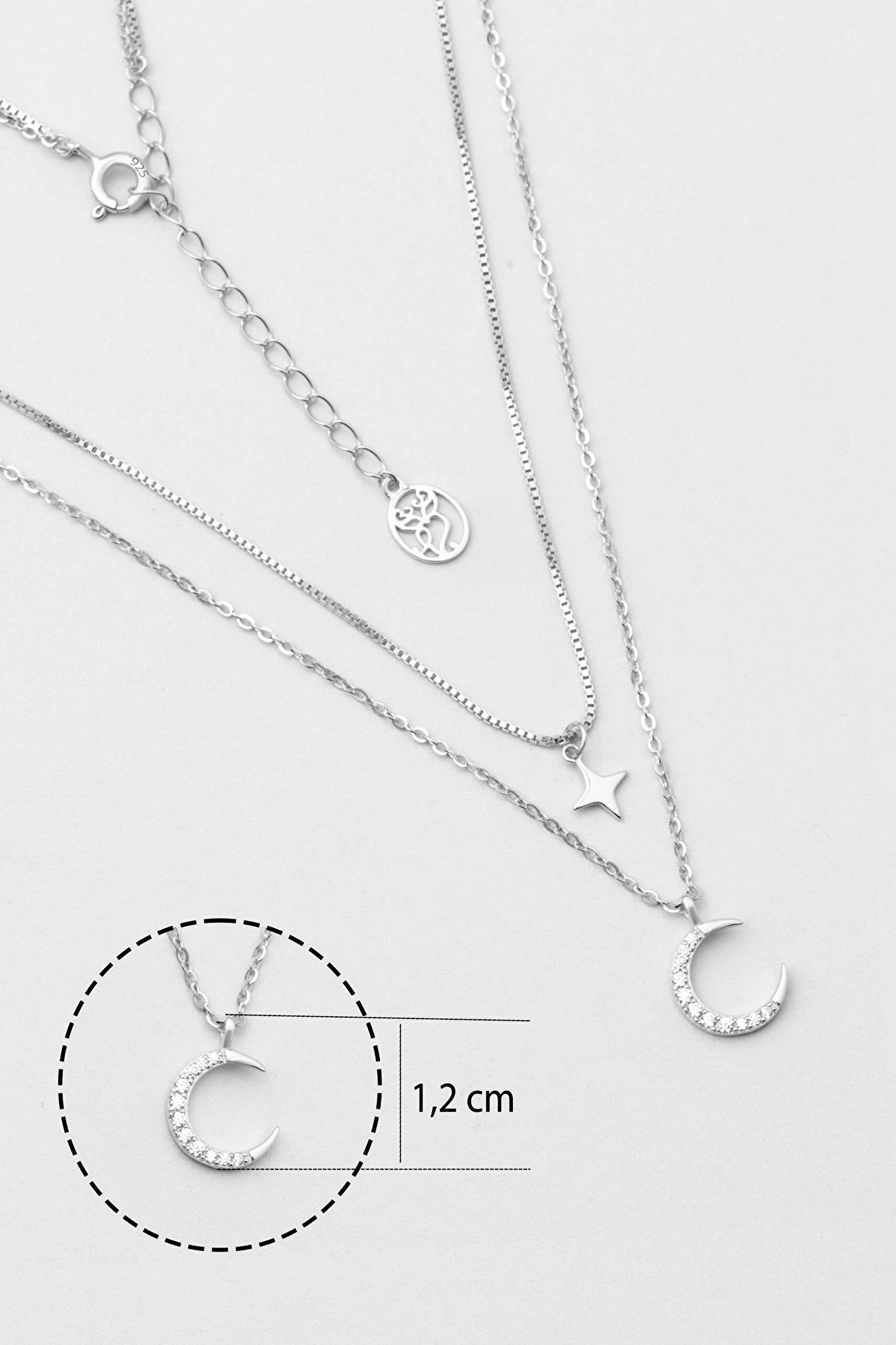 ⁠ Ay Yıldız Figürlü 18 Ayar Beyaz Altın Kaplama 45 Cm Gümüş İkili Kolye_2}