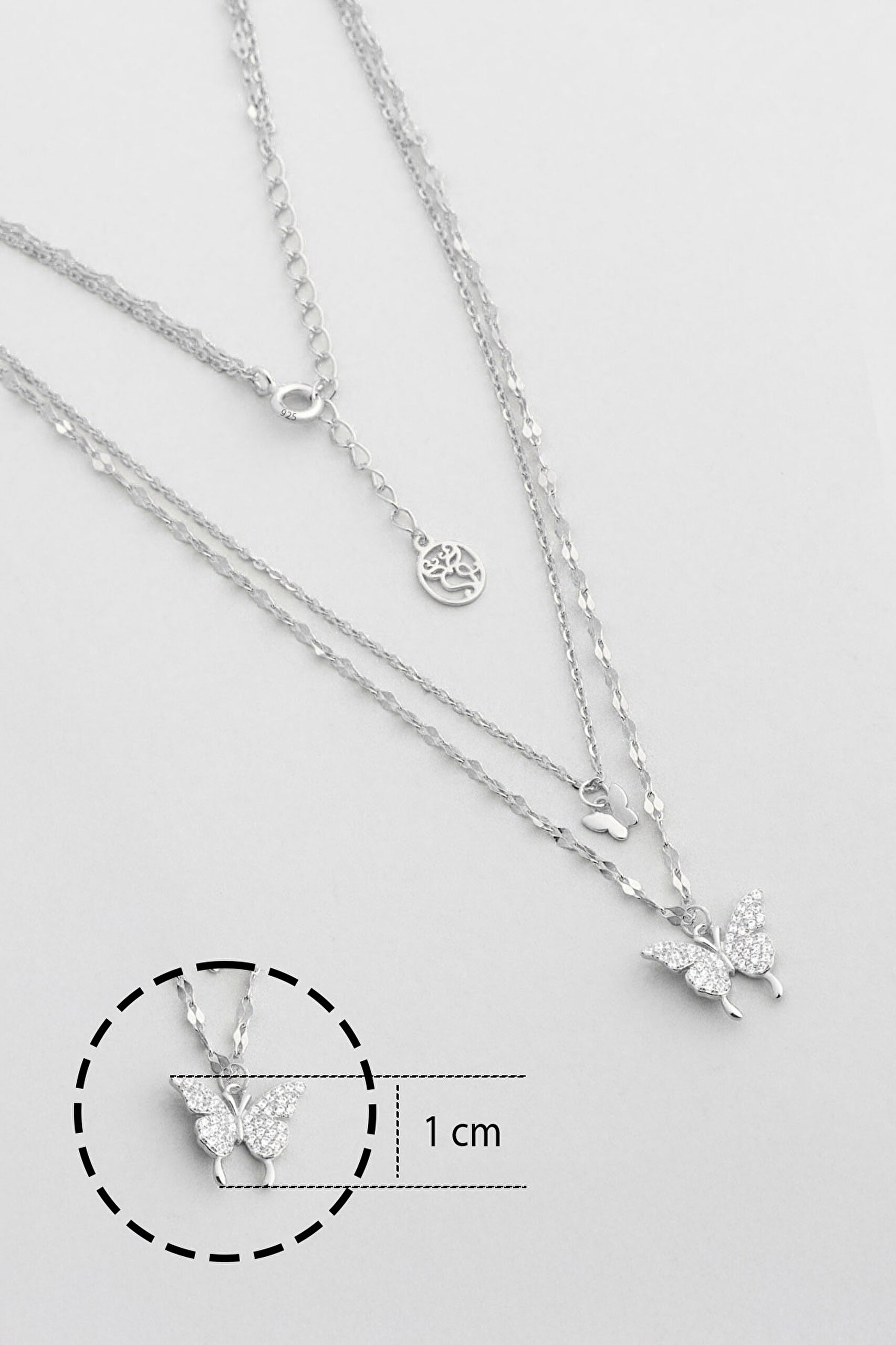⁠ Minimal Kelebek 18 Ayar Beyaz Altın Kaplama 45 Cm Gümüş İkili Zincir Kolye_2}