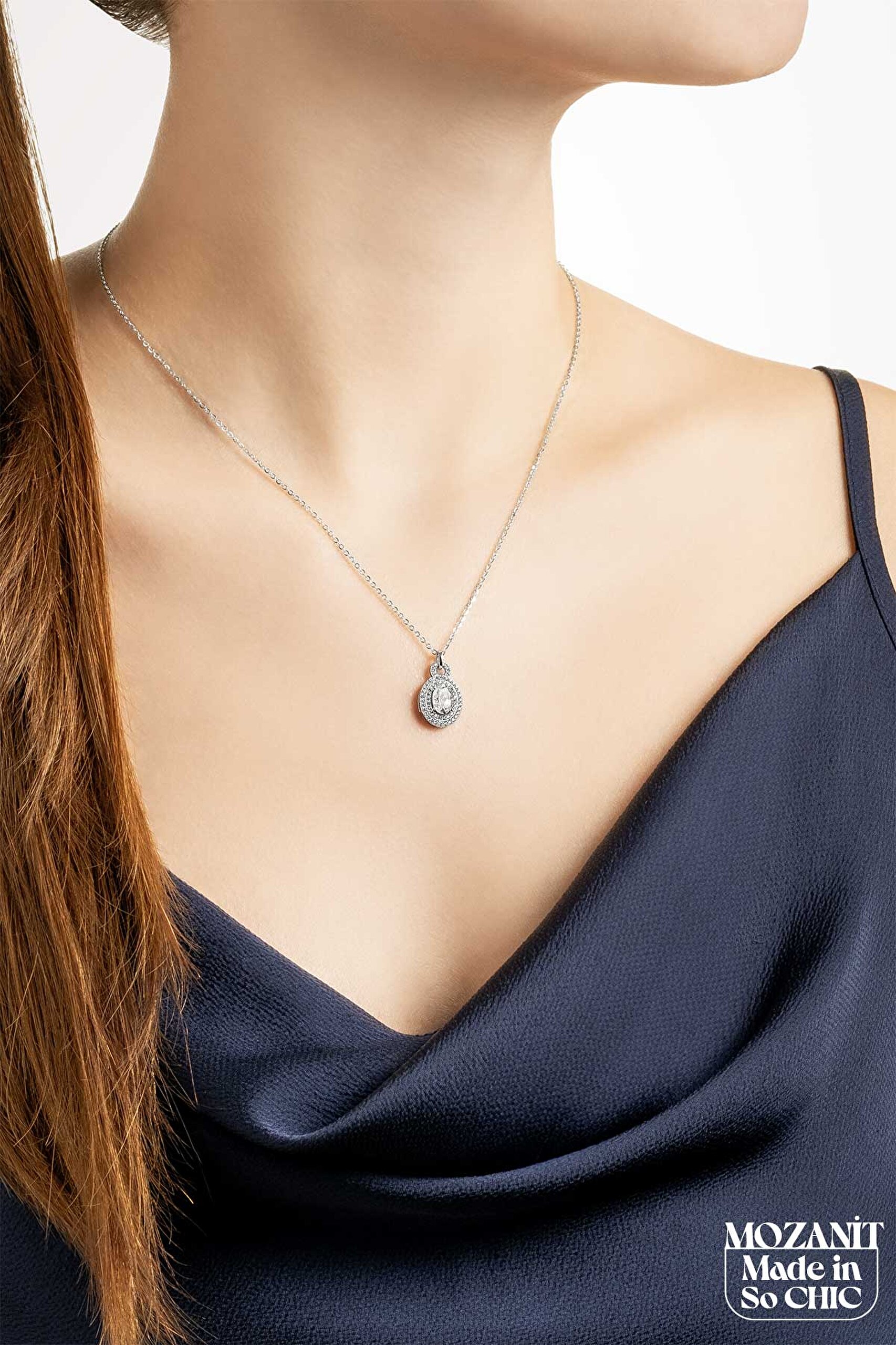 ⁠ Mozanit Taşlı 18 Ayar Beyaz Altın Kaplama 44 Cm Gümüş Kolye_3}