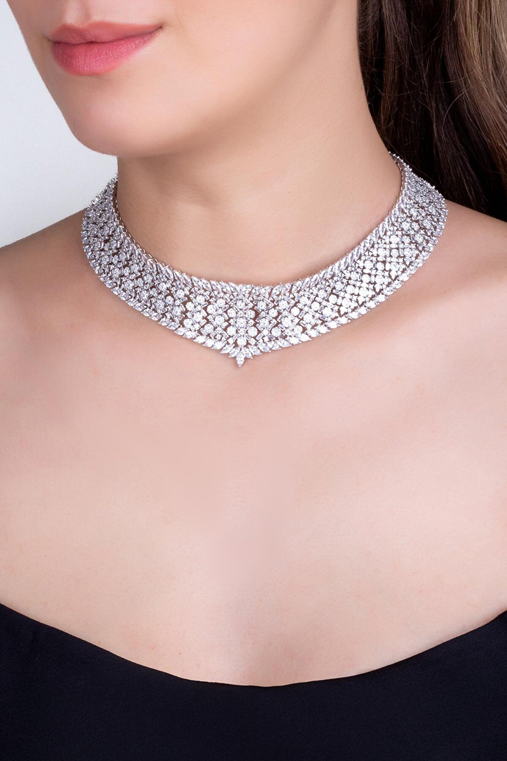 İhtişamlı 18 Ayar Beyaz Altın Kaplama Gümüş Choker Gerdanlık - 0