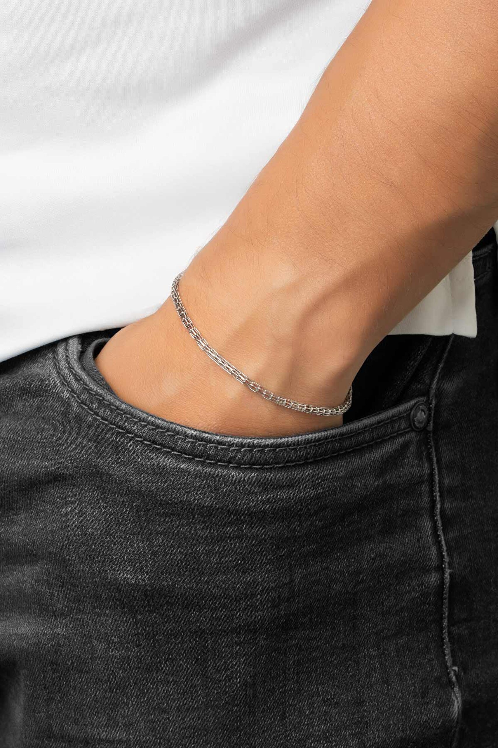 ⁠ İtalyan 18 Ayar Beyaz Altın Kaplama Gümüş Unisex Bileklik_1}