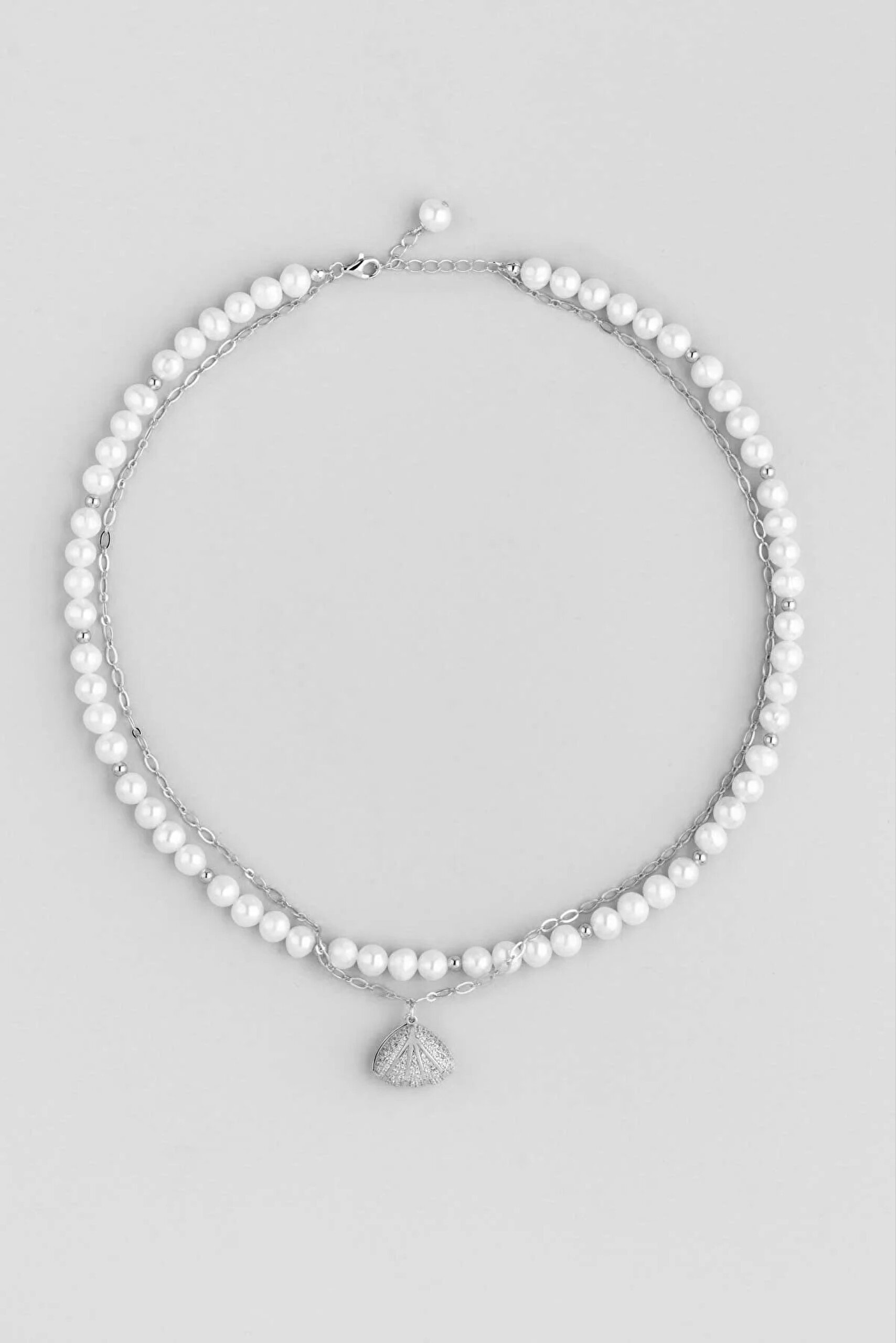 ⁠ Saklı İnci 18 Ayar Beyaz Altın Kaplama 45 Cm Gümüş Tasarım Kolye_0}