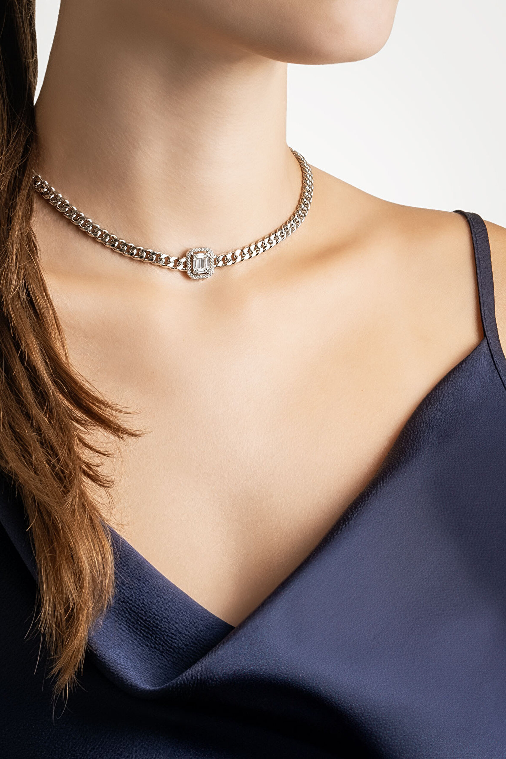 ⁠ Baget Taşlı 18 Ayar Beyaz Altın Kaplama 36 Cm Gümüş Choker Zincir Kolye_2}