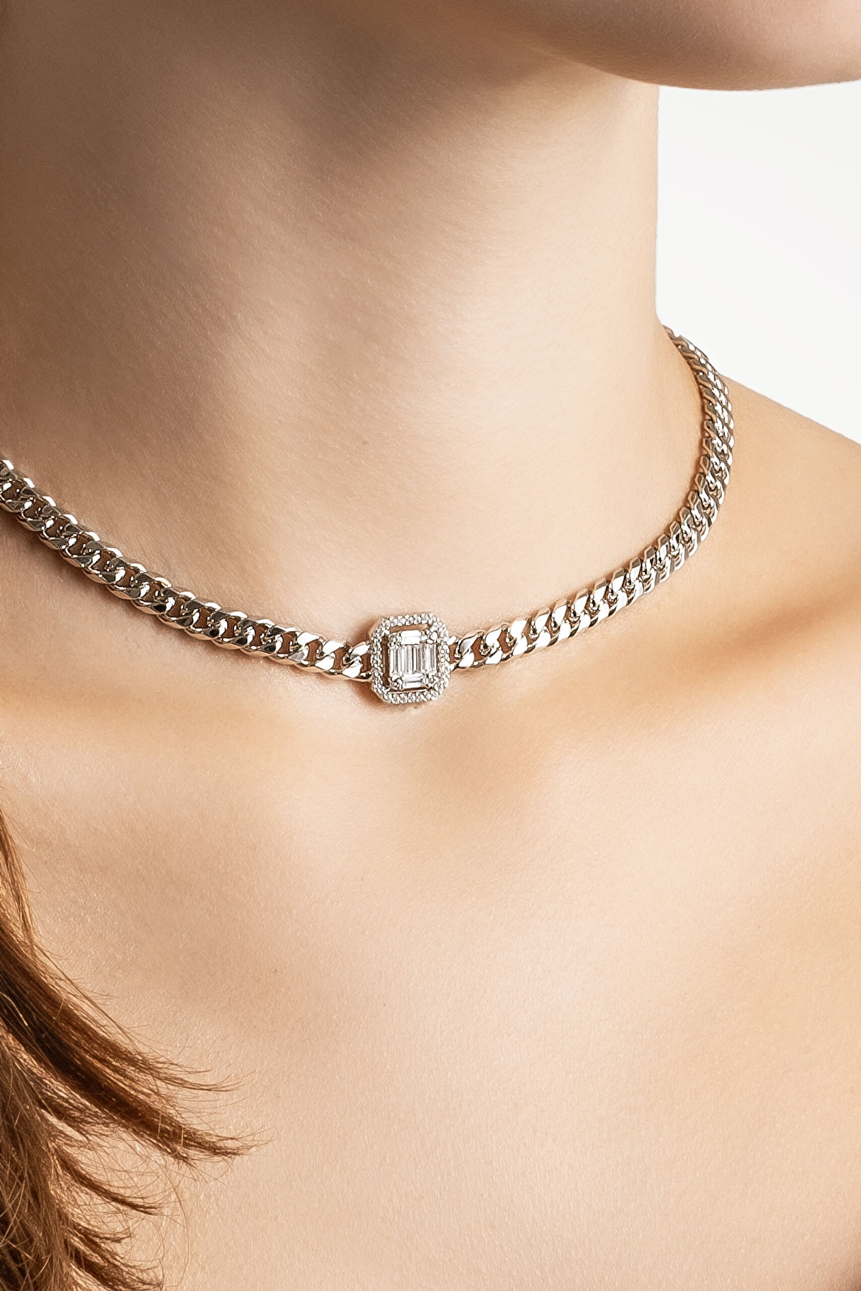 ⁠ Baget Taşlı 18 Ayar Beyaz Altın Kaplama 36 Cm Gümüş Choker Zincir Kolye_3}