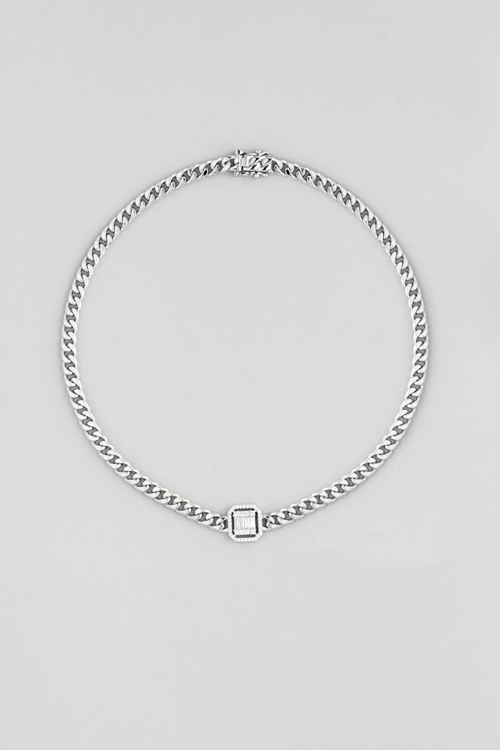 ⁠ Baget Taşlı 18 Ayar Beyaz Altın Kaplama 36 Cm Gümüş Choker Zincir Kolye_0}
