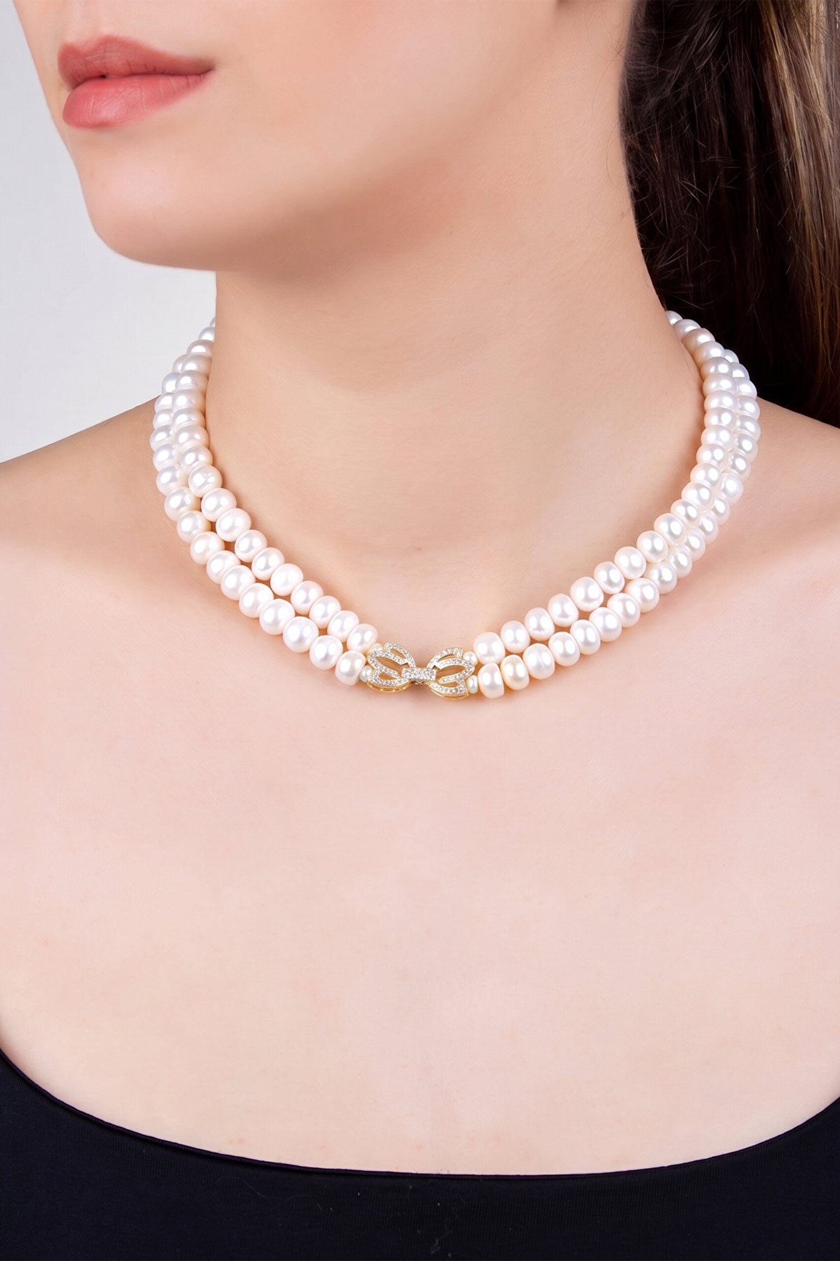 Lotus İnci 18 Ayar Sarı Altın Kaplama 42 Cm Gümüş Choker Kolye - 0