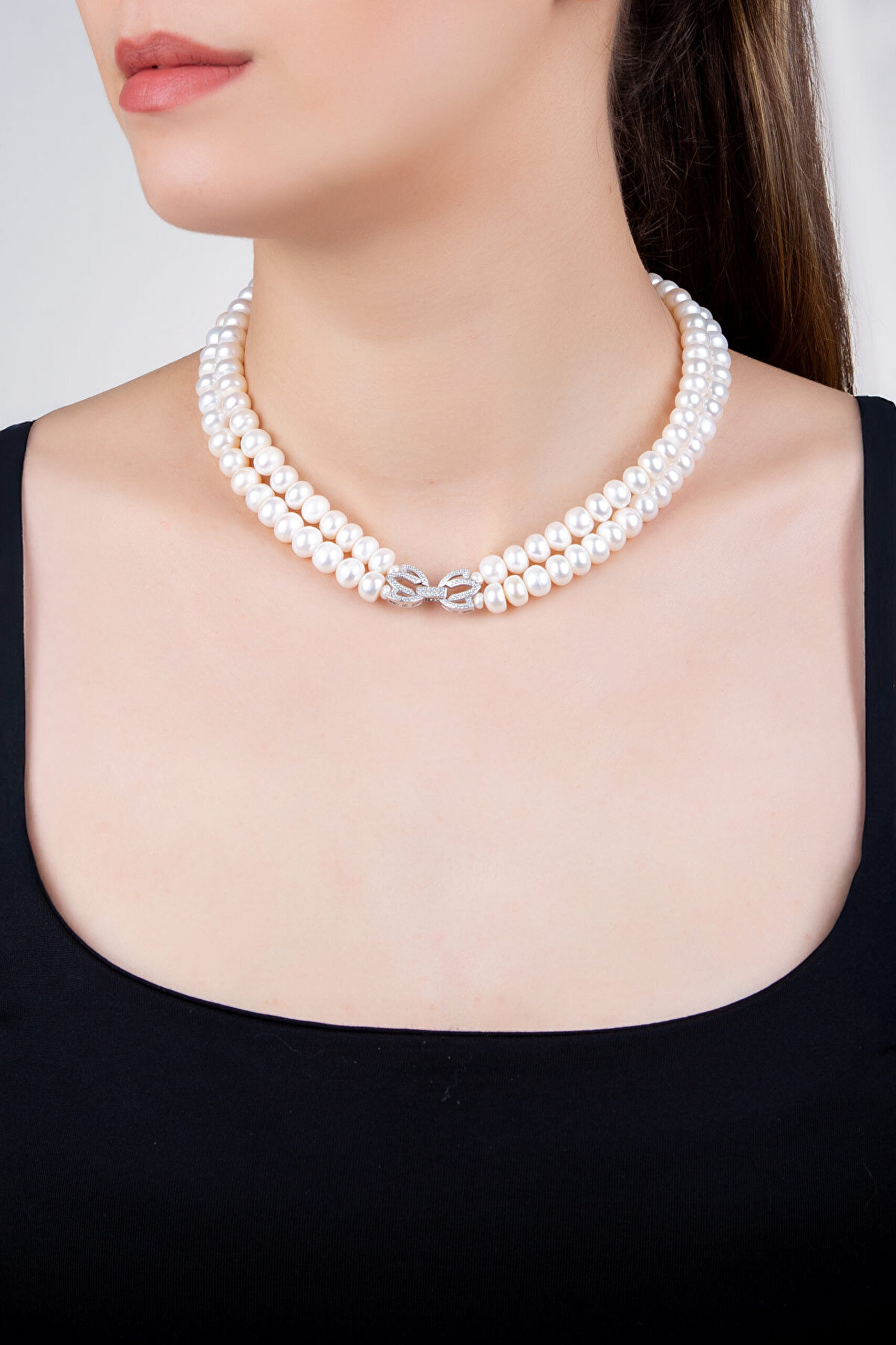 Lotus İnci  18 Ayar Beyaz Altın Kaplama 42 Cm Gümüş Choker Kolye - 0