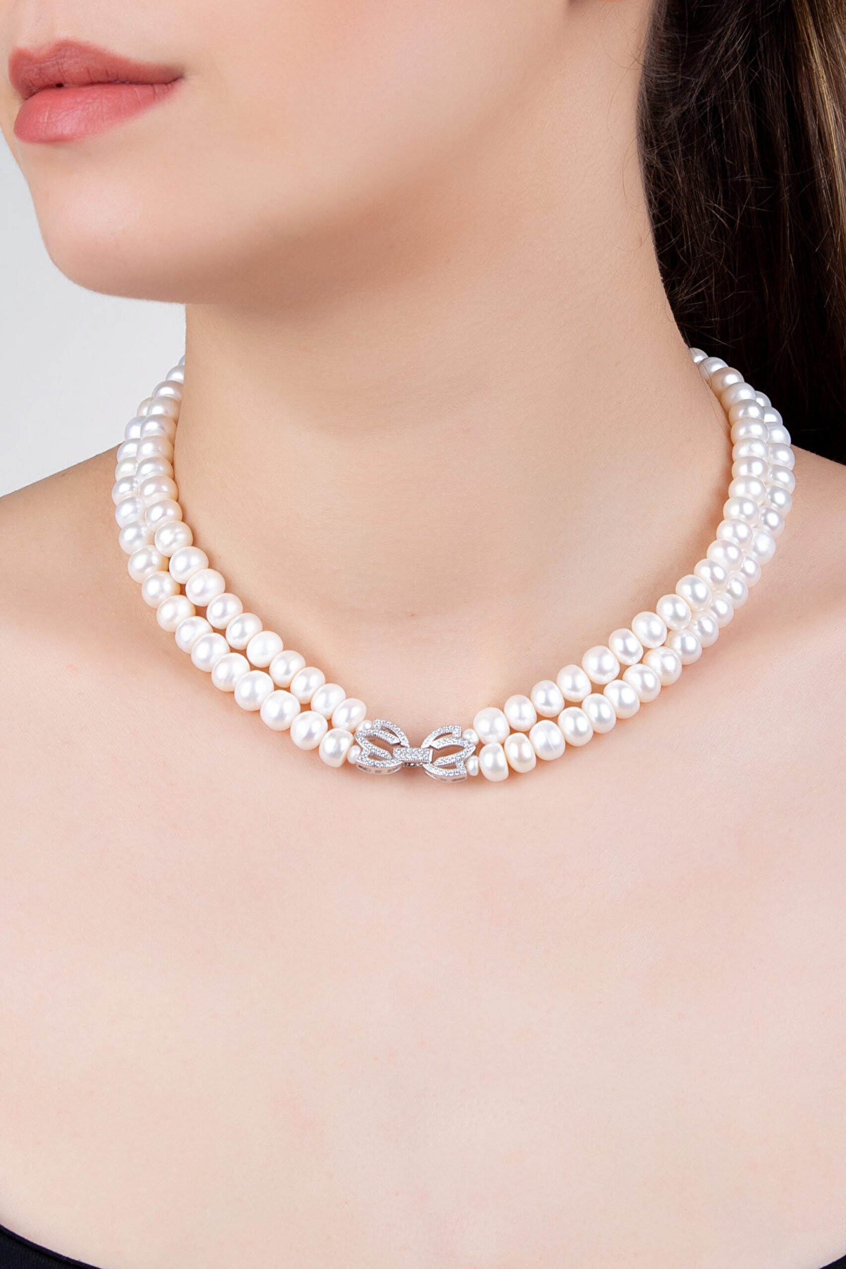 Lotus İnci  18 Ayar Beyaz Altın Kaplama 42 Cm Gümüş Choker Kolye - 3