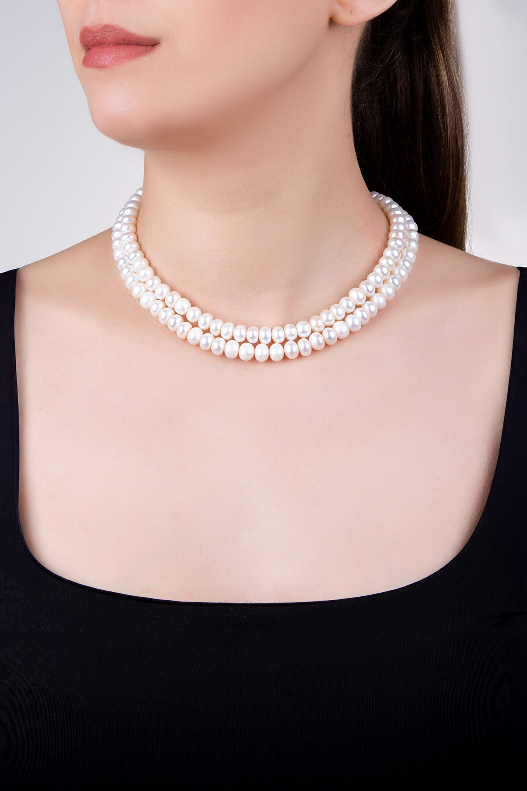 Lotus İnci  18 Ayar Beyaz Altın Kaplama 42 Cm Gümüş Choker Kolye - 2