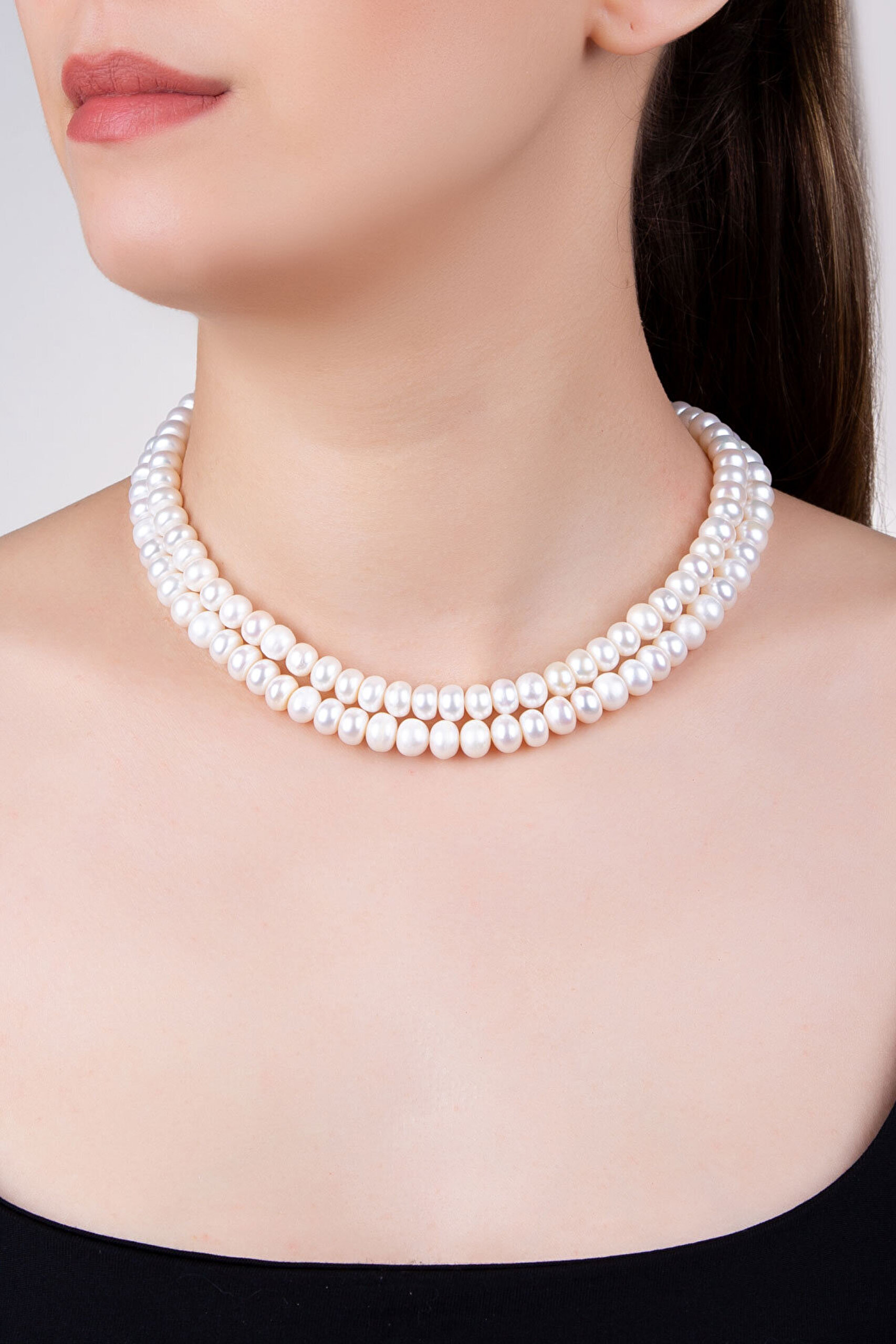 Lotus İnci  18 Ayar Beyaz Altın Kaplama 42 Cm Gümüş Choker Kolye - 4