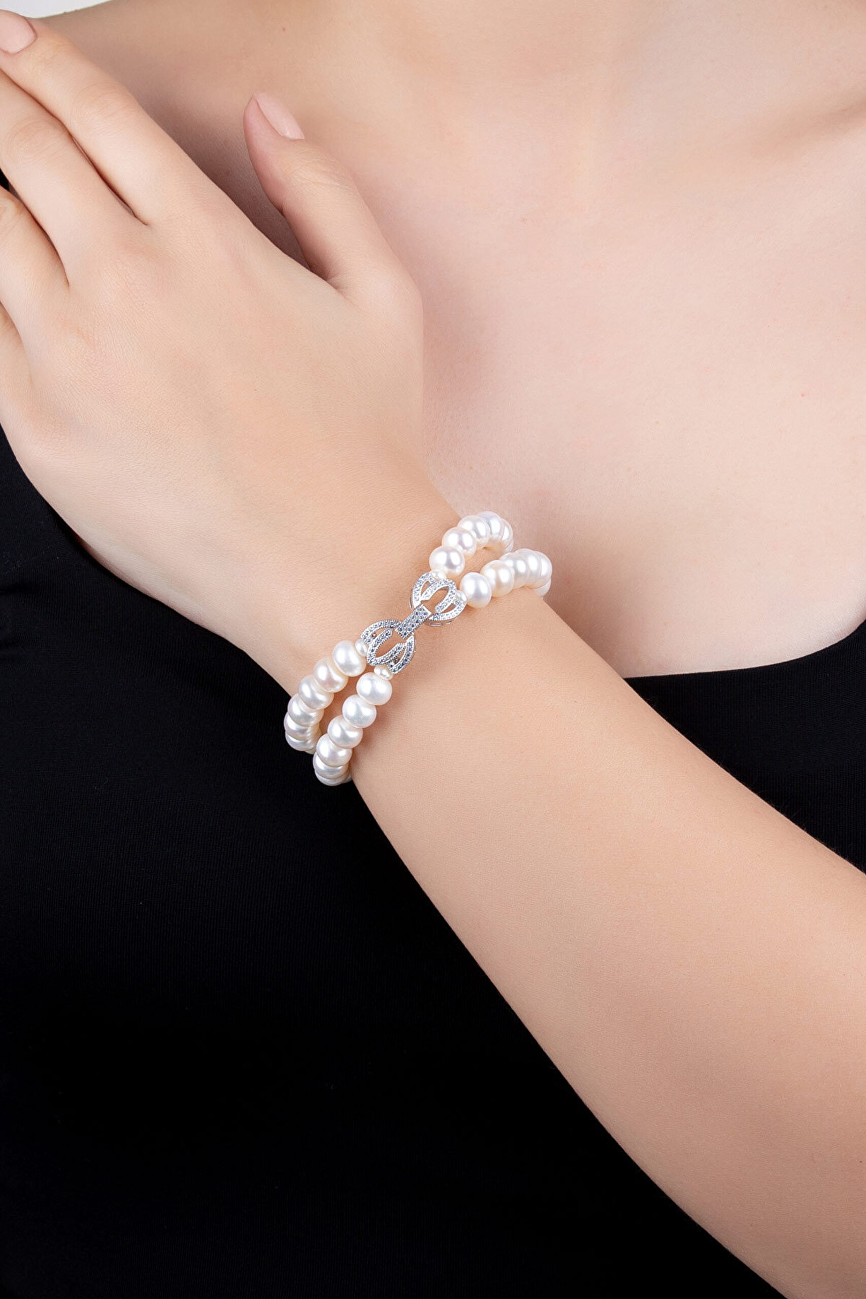 Lotus İncisi 18 Ayar Beyaz Altın Kaplama 18 Cm Gümüş Bileklik - 1