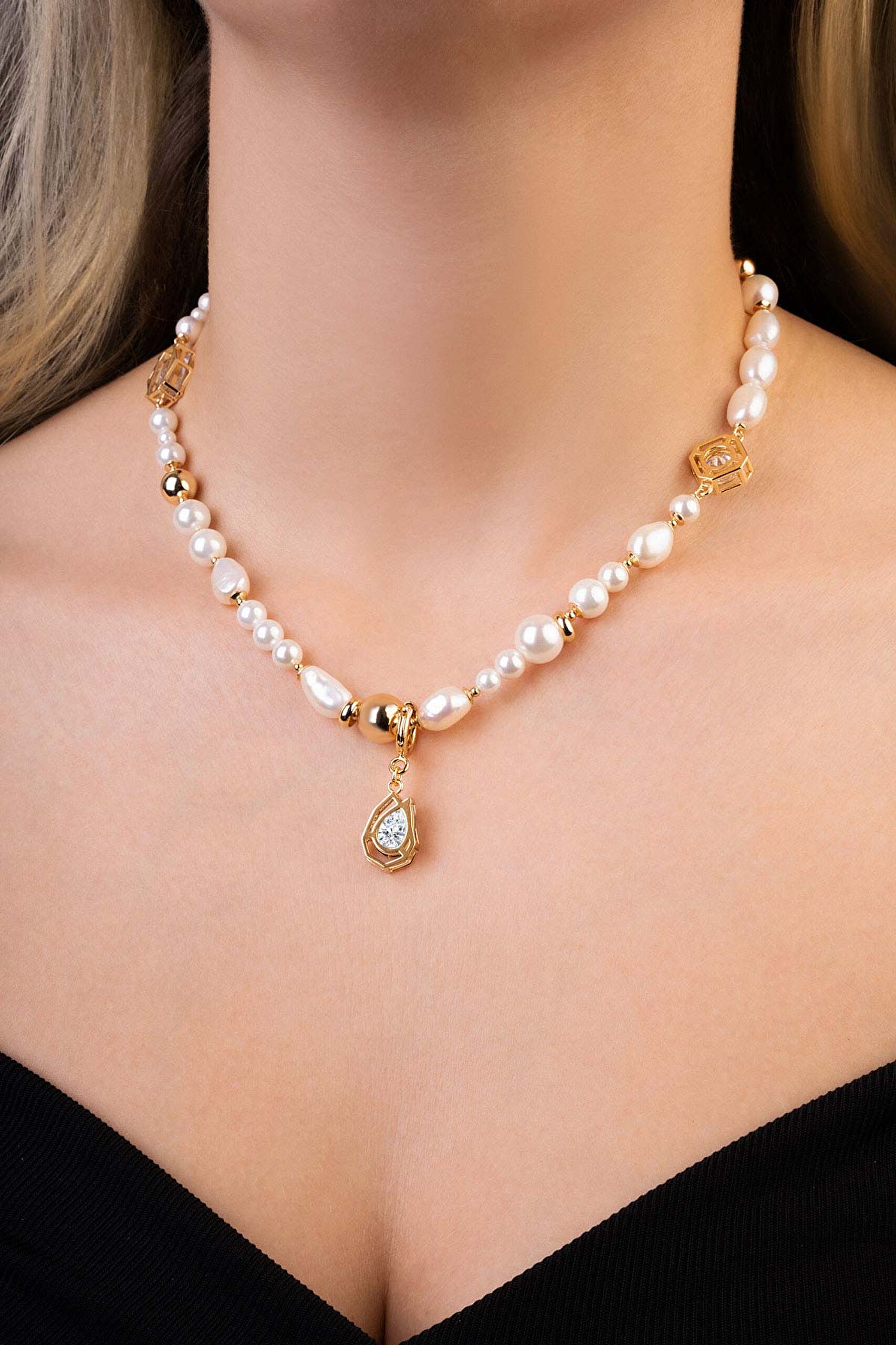 ⁠ Diana 18 Ayar Sarı Altın Kaplama 48 Cm Gümüş İnci Kolye_3}