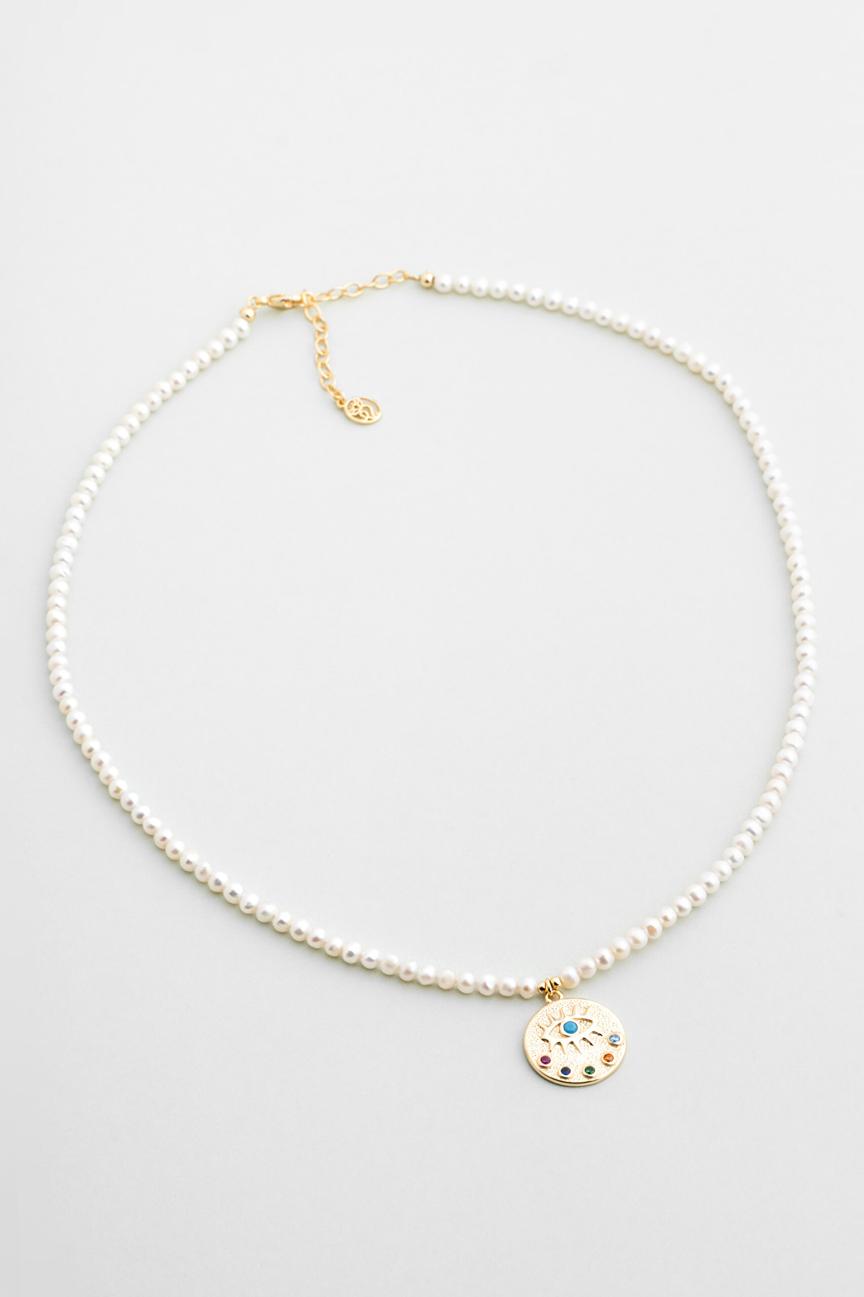 ⁠ Renkli Göz 18 Ayar Sarı Altın Kaplama 48 Cm Gümüş İnci Kolye_0}