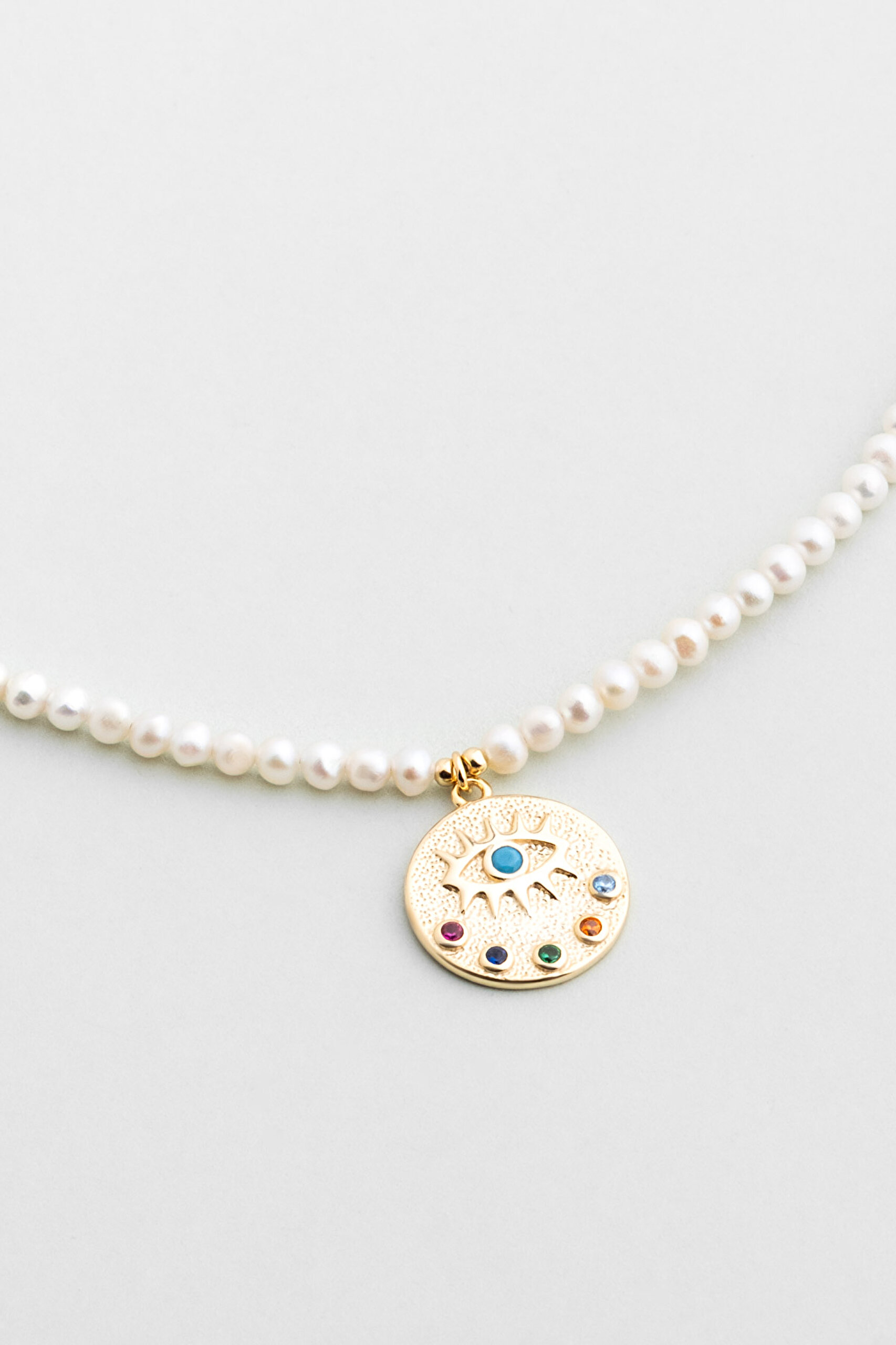 ⁠ Renkli Göz 18 Ayar Sarı Altın Kaplama 48 Cm Gümüş İnci Kolye_4}