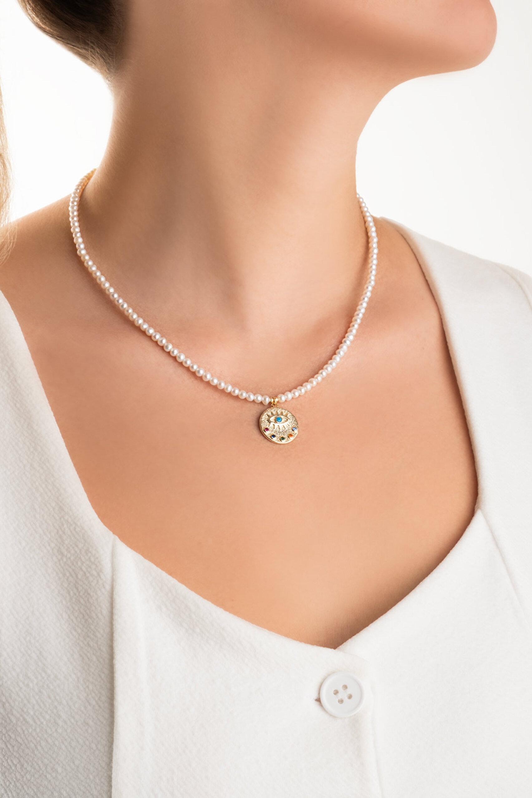 ⁠ Renkli Göz 18 Ayar Sarı Altın Kaplama 48 Cm Gümüş İnci Kolye_3}