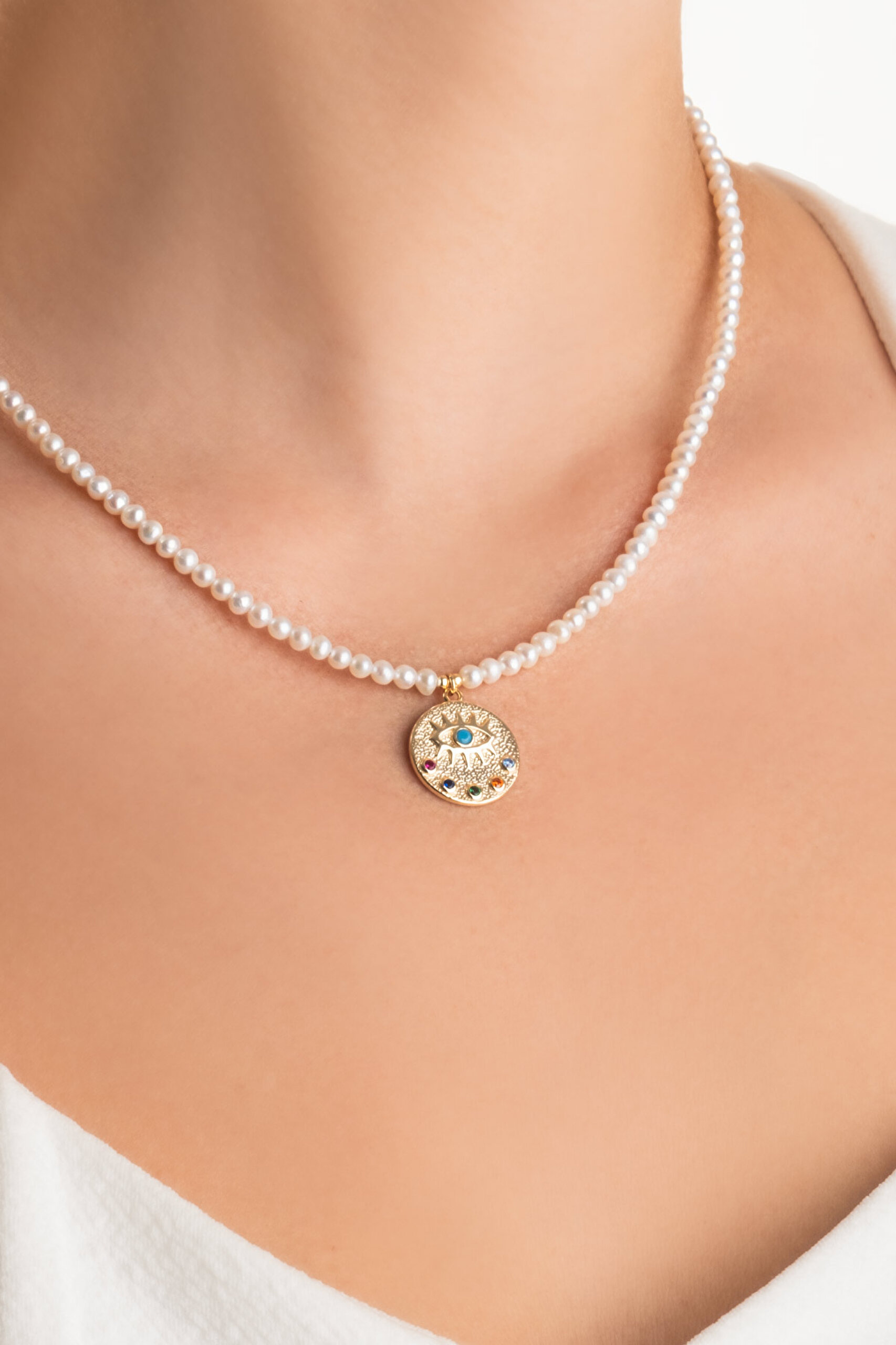 ⁠ Renkli Göz 18 Ayar Sarı Altın Kaplama 48 Cm Gümüş İnci Kolye_1}