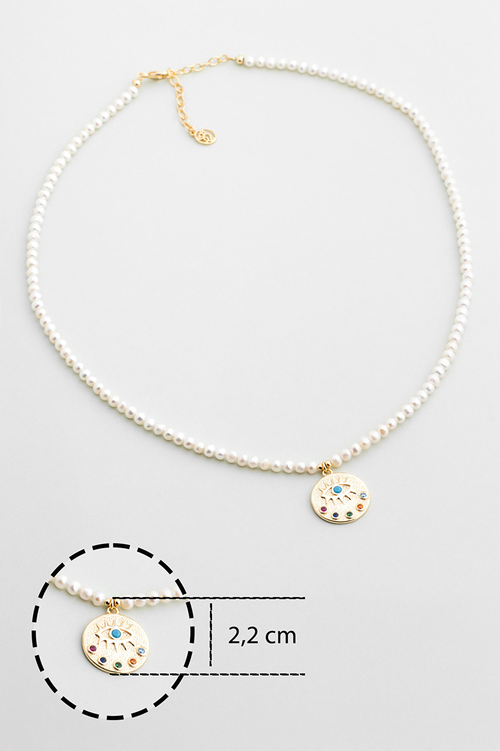 ⁠ Renkli Göz 18 Ayar Sarı Altın Kaplama 48 Cm Gümüş İnci Kolye_2}