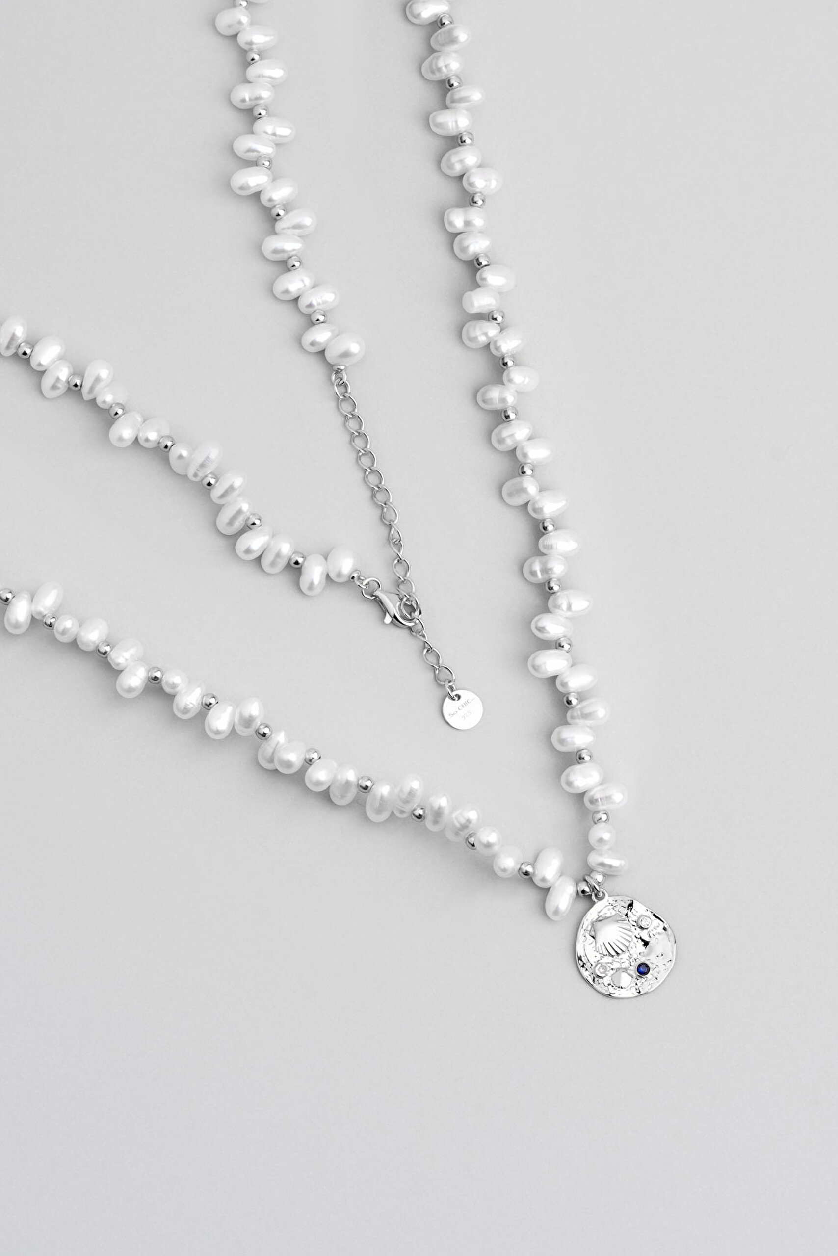 ⁠ Deniz Kabuğu 18 Ayar Beyaz Altın Kaplama 45 Cm Gümüş İnci Kolye_0}