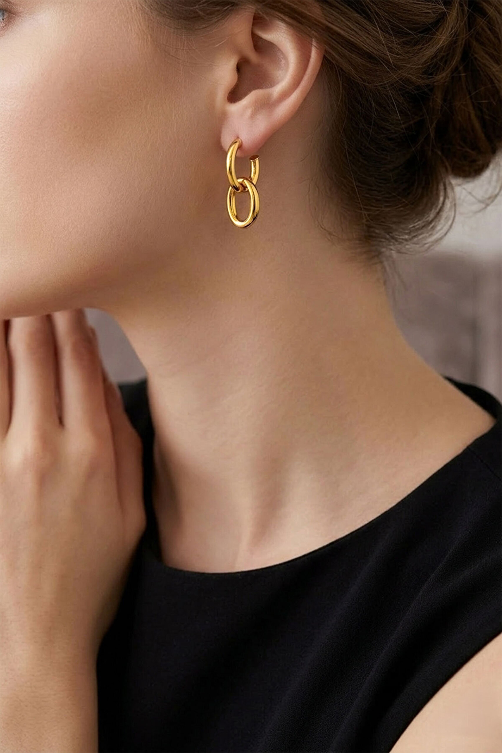 Modern Tasarım 18 Ayar Sarı Altın Kaplama Gümüş Küpe - 2