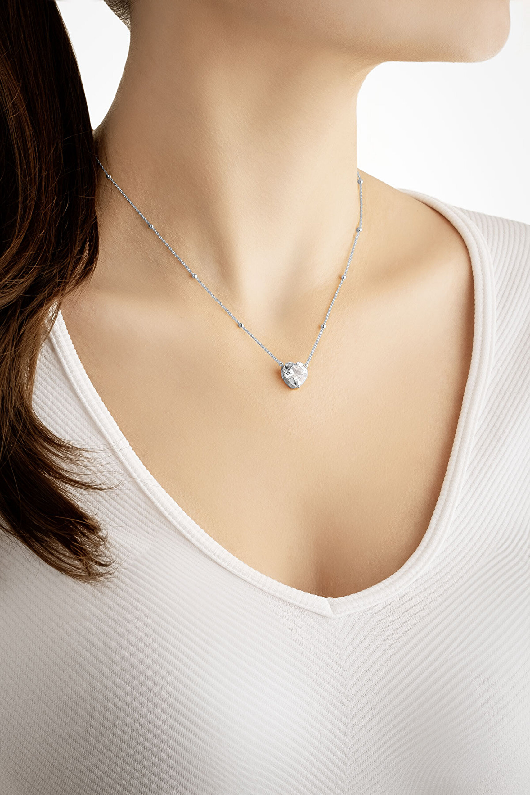 ⁠ Endless 18 Ayar Beyaz Altın Kaplama 45 Cm Gümüş Kalp Kolye_2}