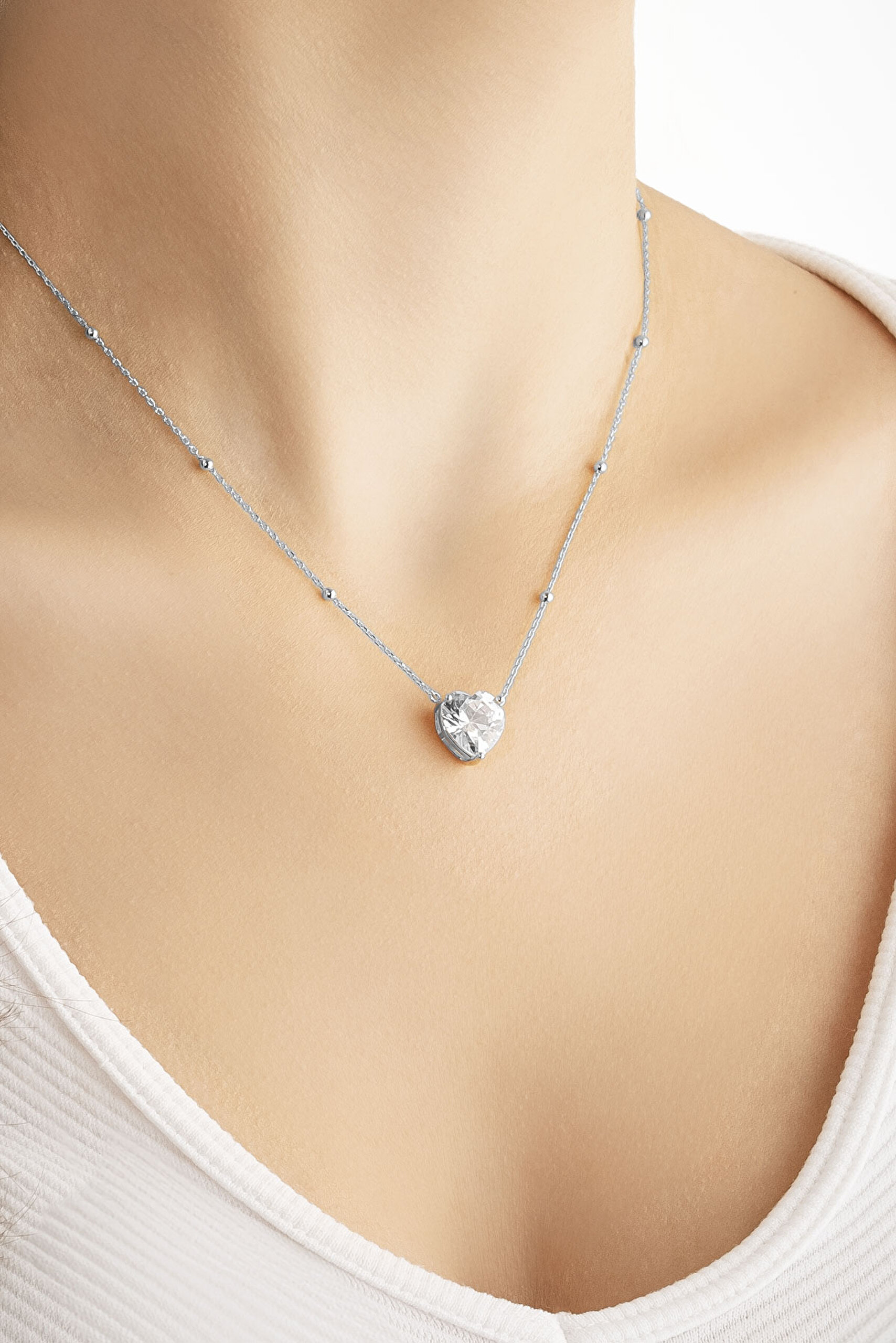 ⁠ Endless 18 Ayar Beyaz Altın Kaplama 45 Cm Gümüş Kalp Kolye_3}