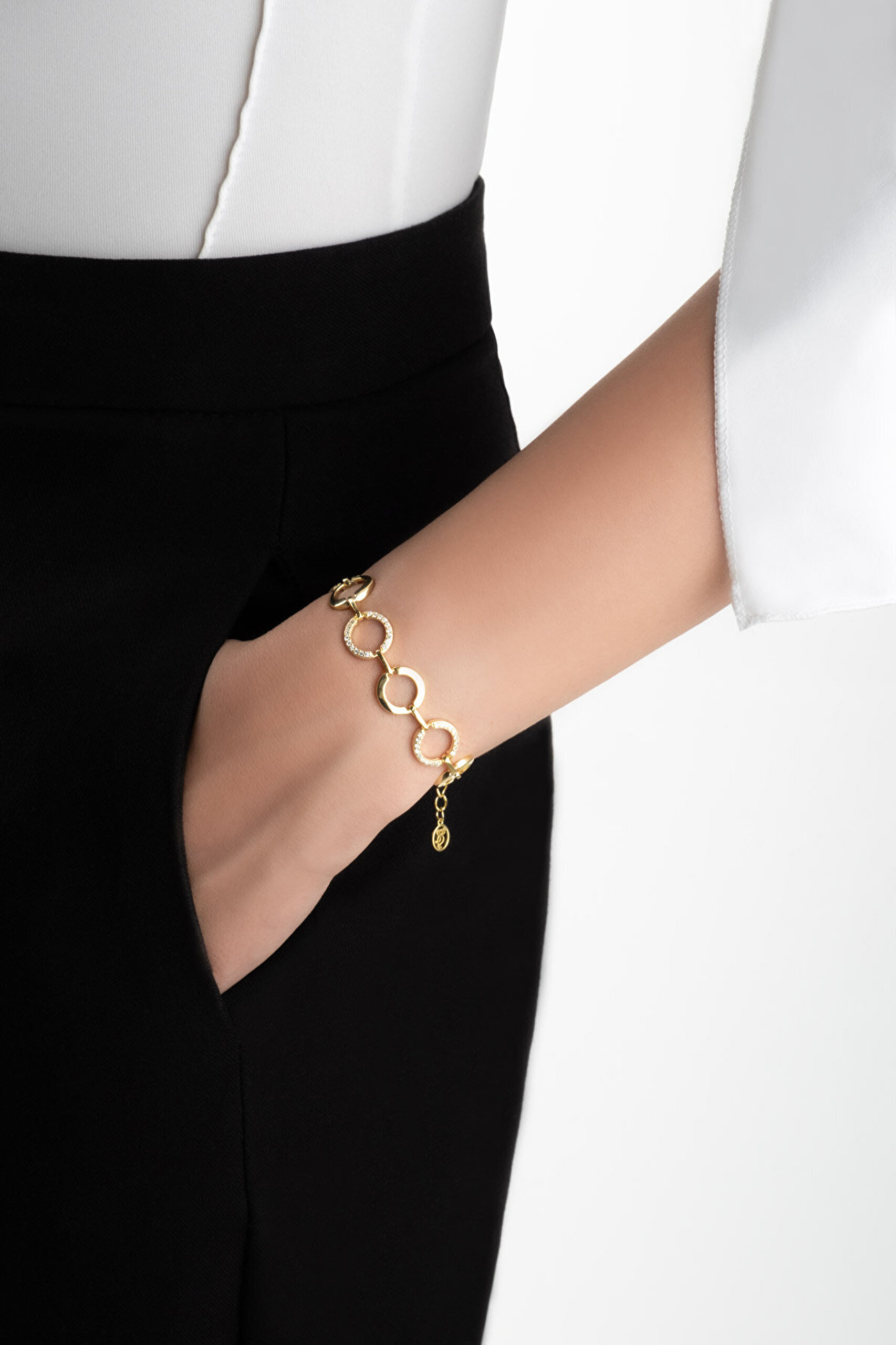 Beyaz Taşlı 18 Ayar Sarı Altın Kaplama 19 Cm Gümüş Bileklik - 3