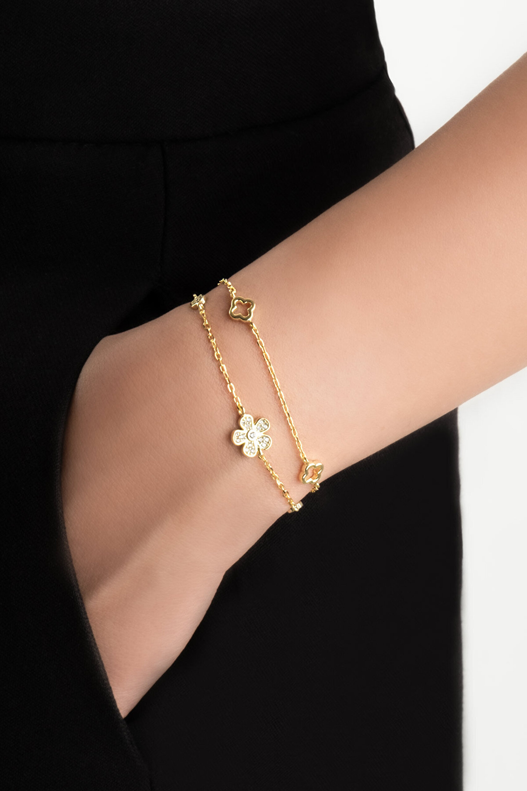 Minimal Çiçek 18 Ayar Sarı Altın Kaplama 19 Cm Gümüş Bileklik - 1