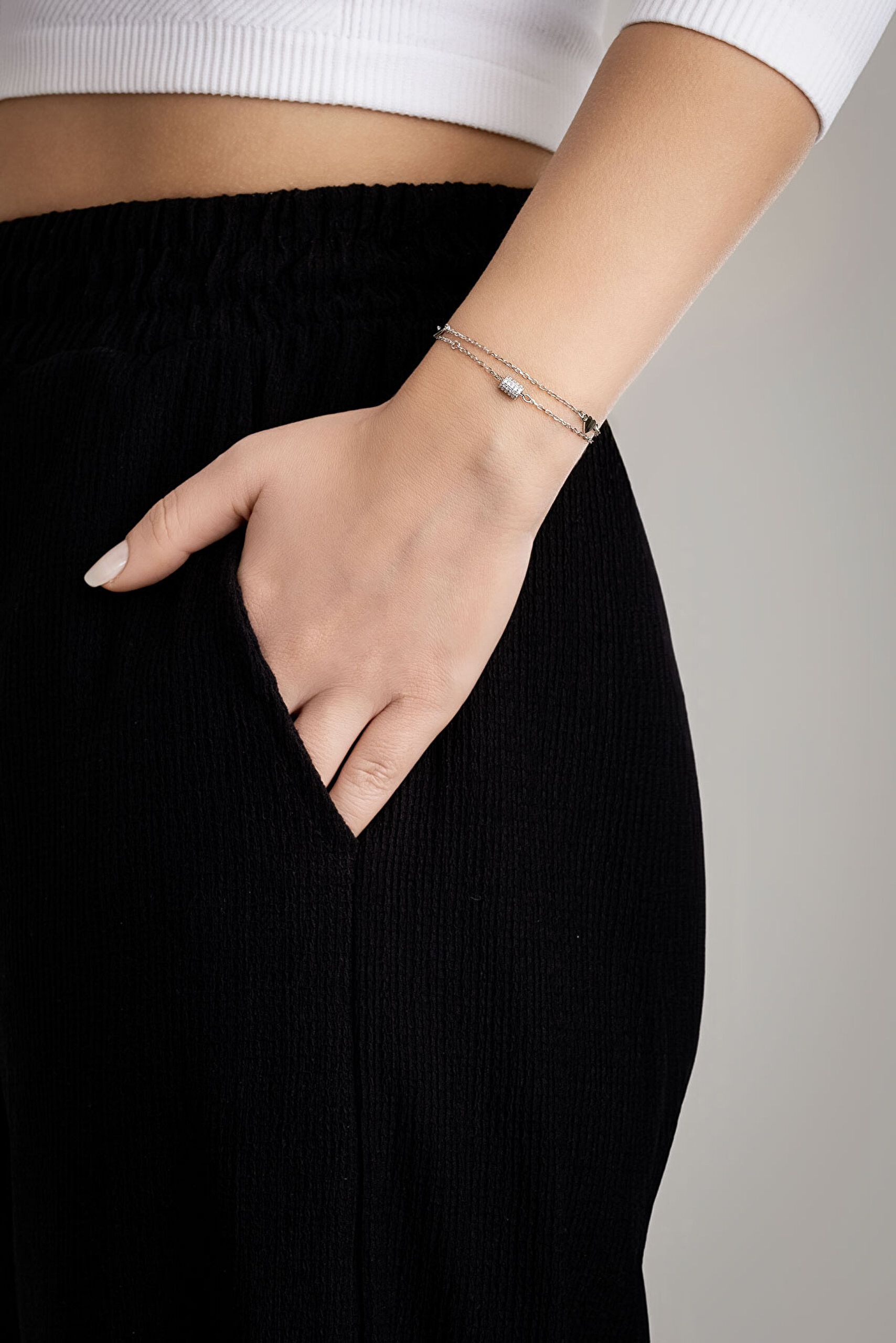 ⁠ Minimal Stil 18 Ayar Beyaz Altın Kaplama 19 Cm Gümüş İkili Bileklik_2}