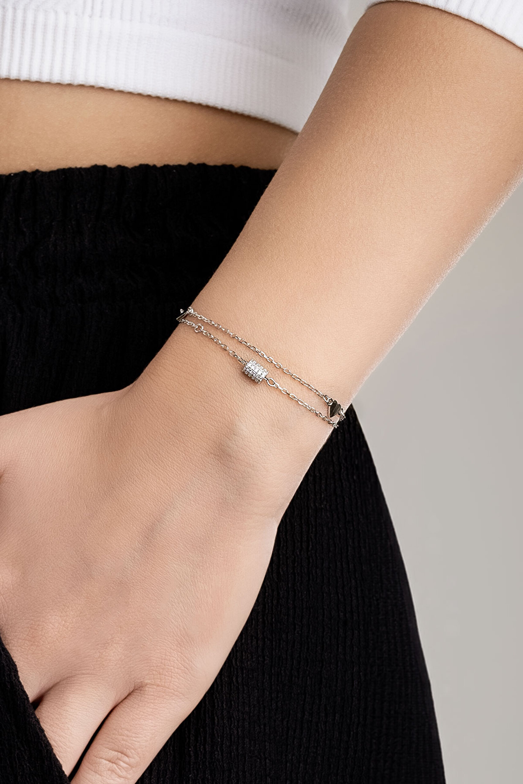 ⁠ Minimal Stil 18 Ayar Beyaz Altın Kaplama 19 Cm Gümüş İkili Bileklik_3}