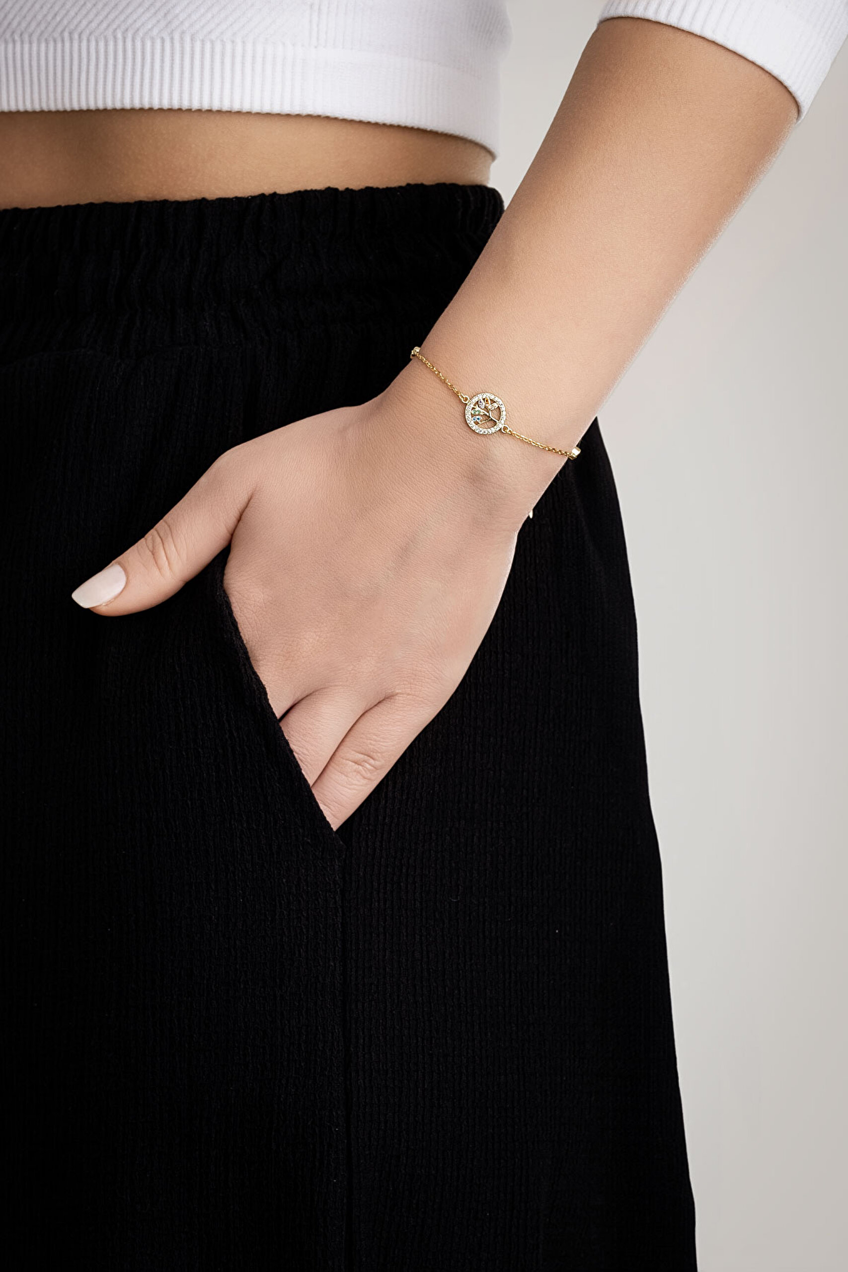 ⁠ Hayat Ağacı 18 Ayar Sarı Altın Kaplama 19 Cm Gümüş Minimal Bileklik_2}