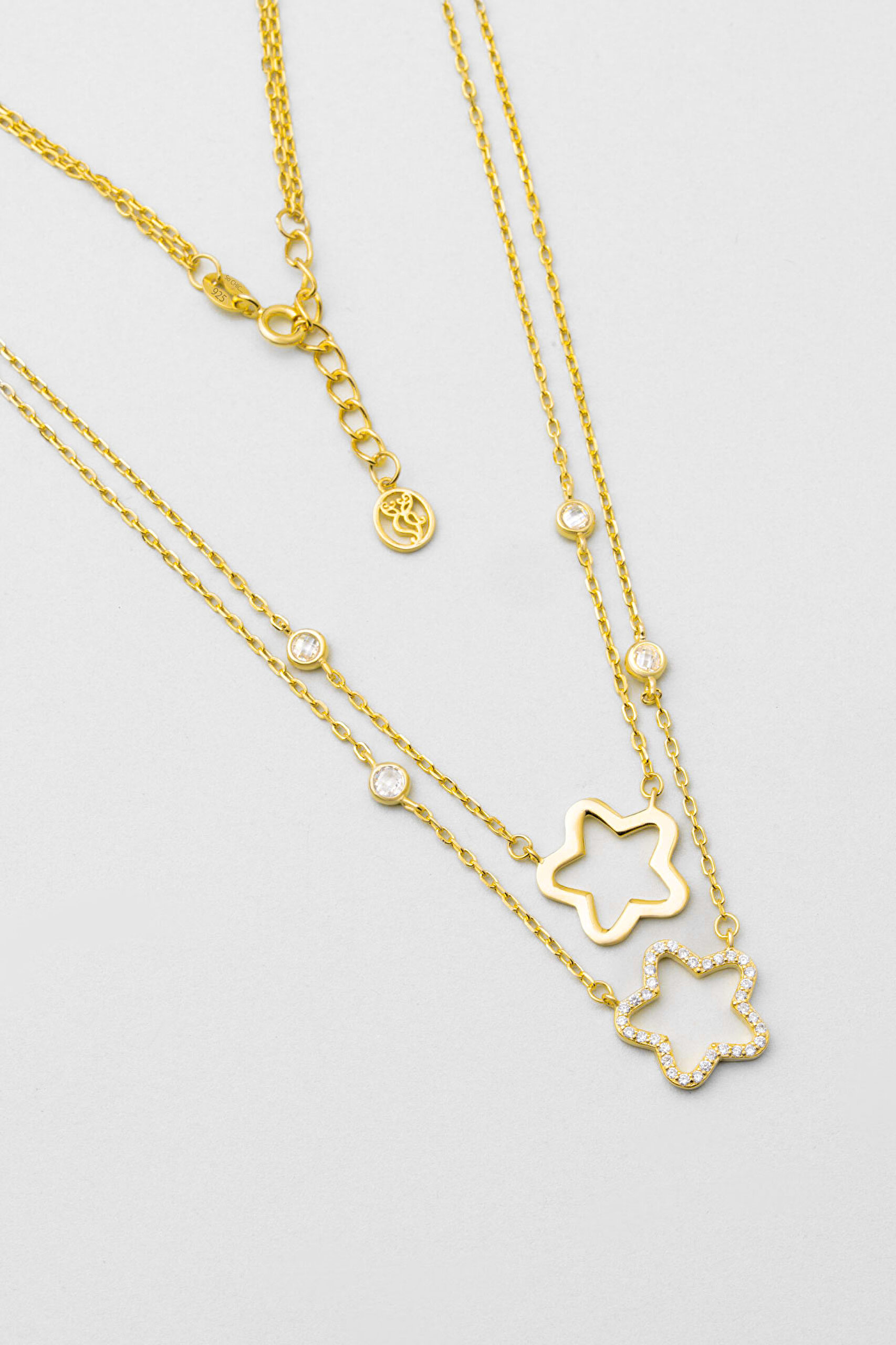 ⁠ Papatya Büyüsü 18 Ayar Sarı Altın Kaplama 45 Cm Gümüş İkili Kolye_0}