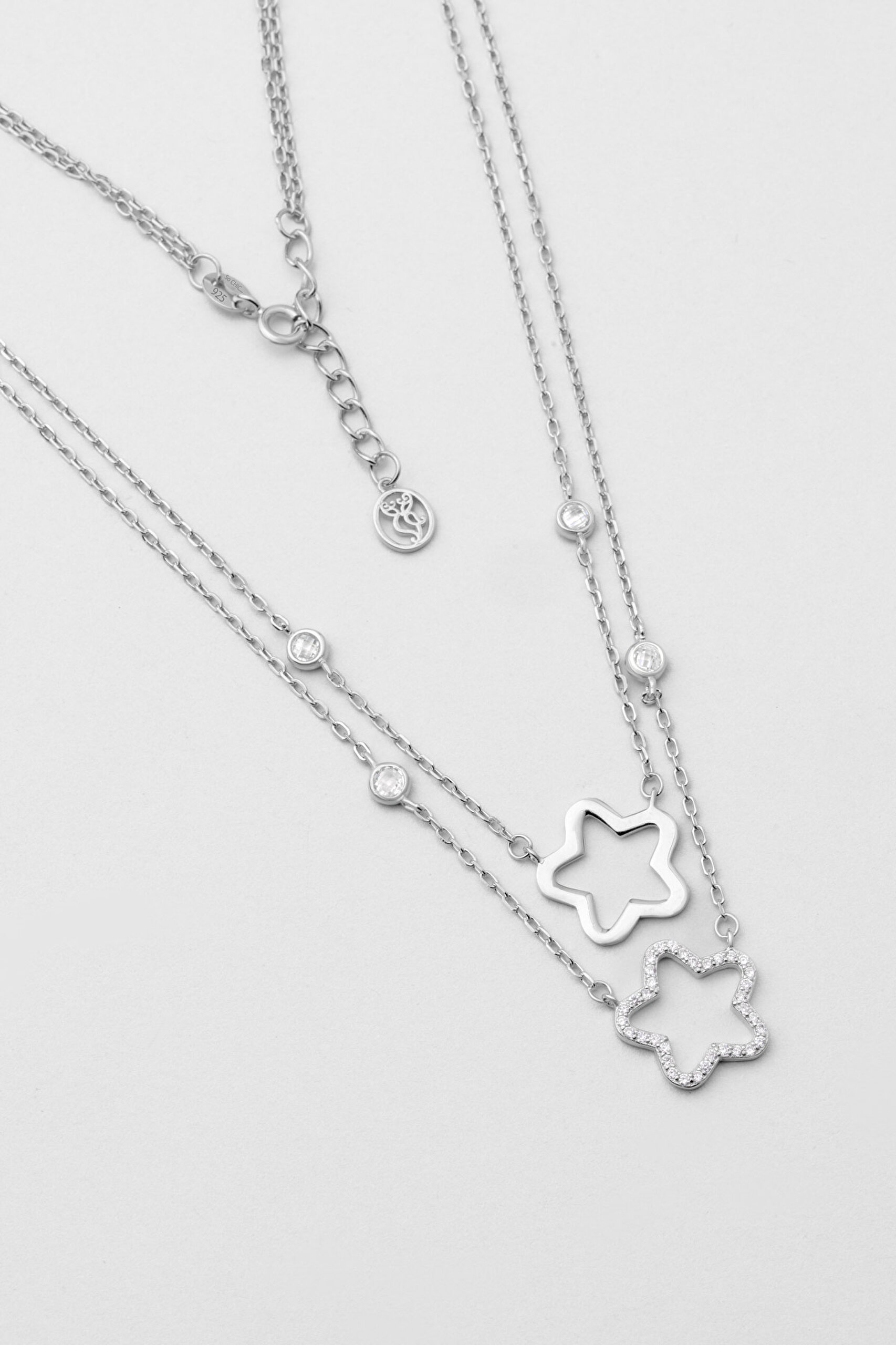 ⁠ Papatya Büyüsü 18 Ayar Beyaz Altın Kaplama 45 Cm Gümüş İkili Kolye_0}