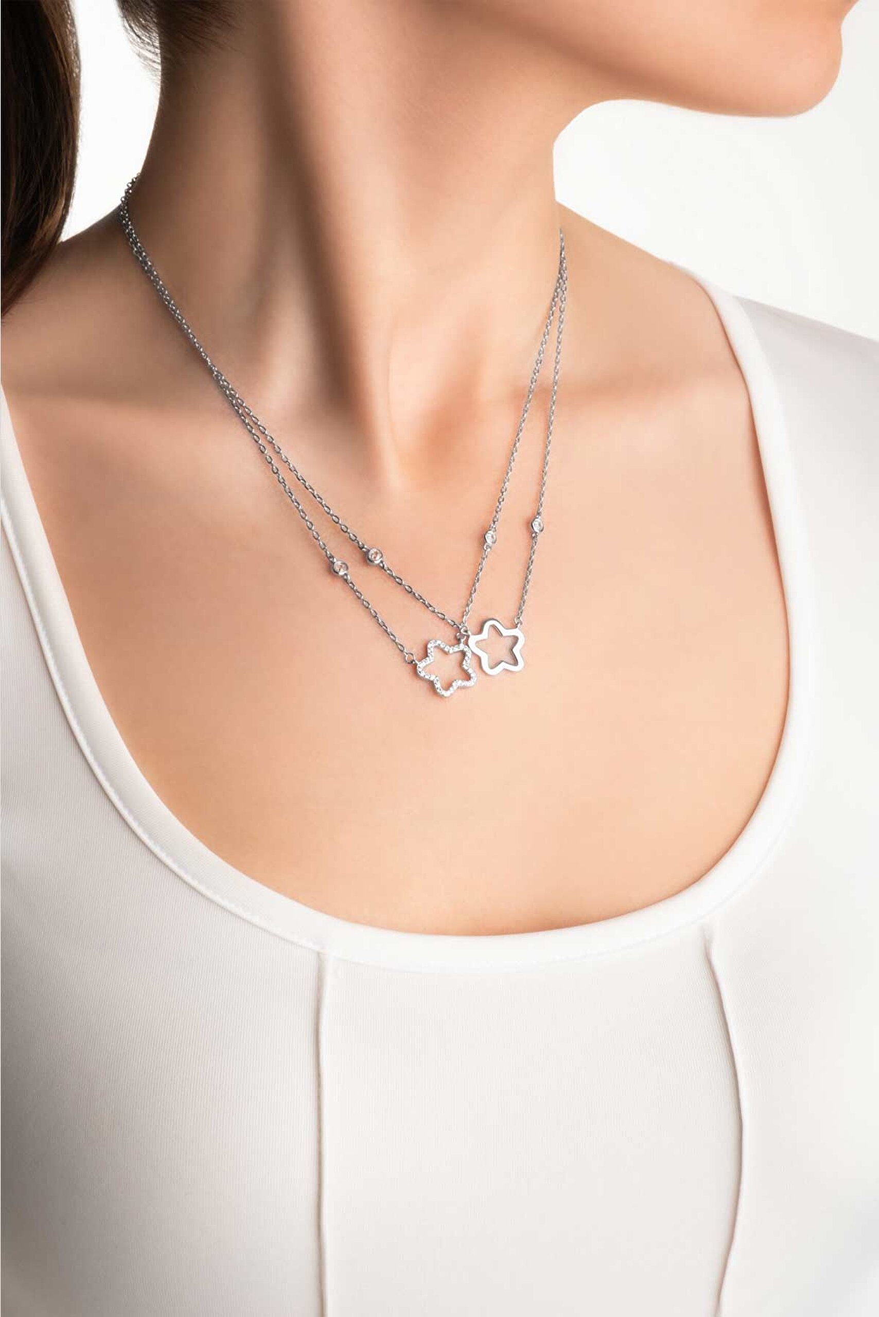 ⁠ Papatya Büyüsü 18 Ayar Beyaz Altın Kaplama 45 Cm Gümüş İkili Kolye_3}