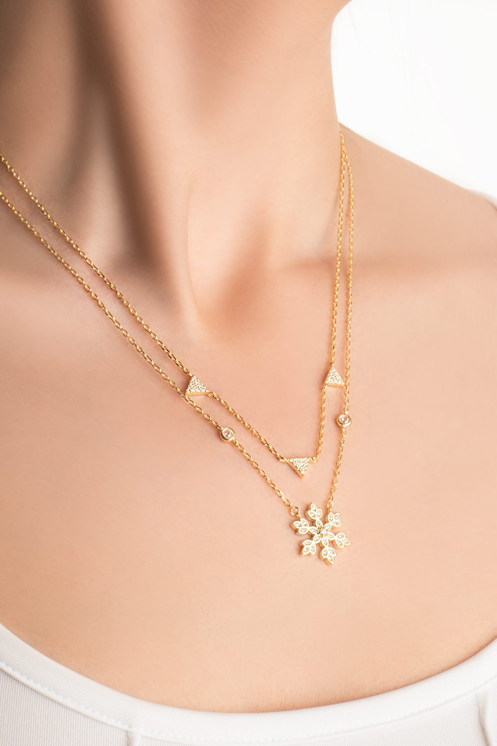 ⁠ Kar Çiçeği 18 Ayar Sarı Altın Kaplama 48 Cm Gümüş İkili Kolye_1}