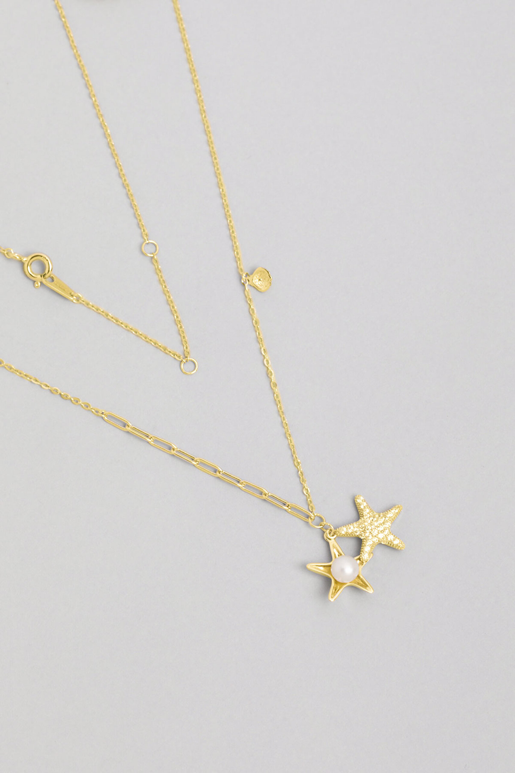 ⁠ Doğal İnci Deniz Yıldızı 18 Ayar Sarı Altın Kaplama 45 Cm Gümüş Kolye_0}