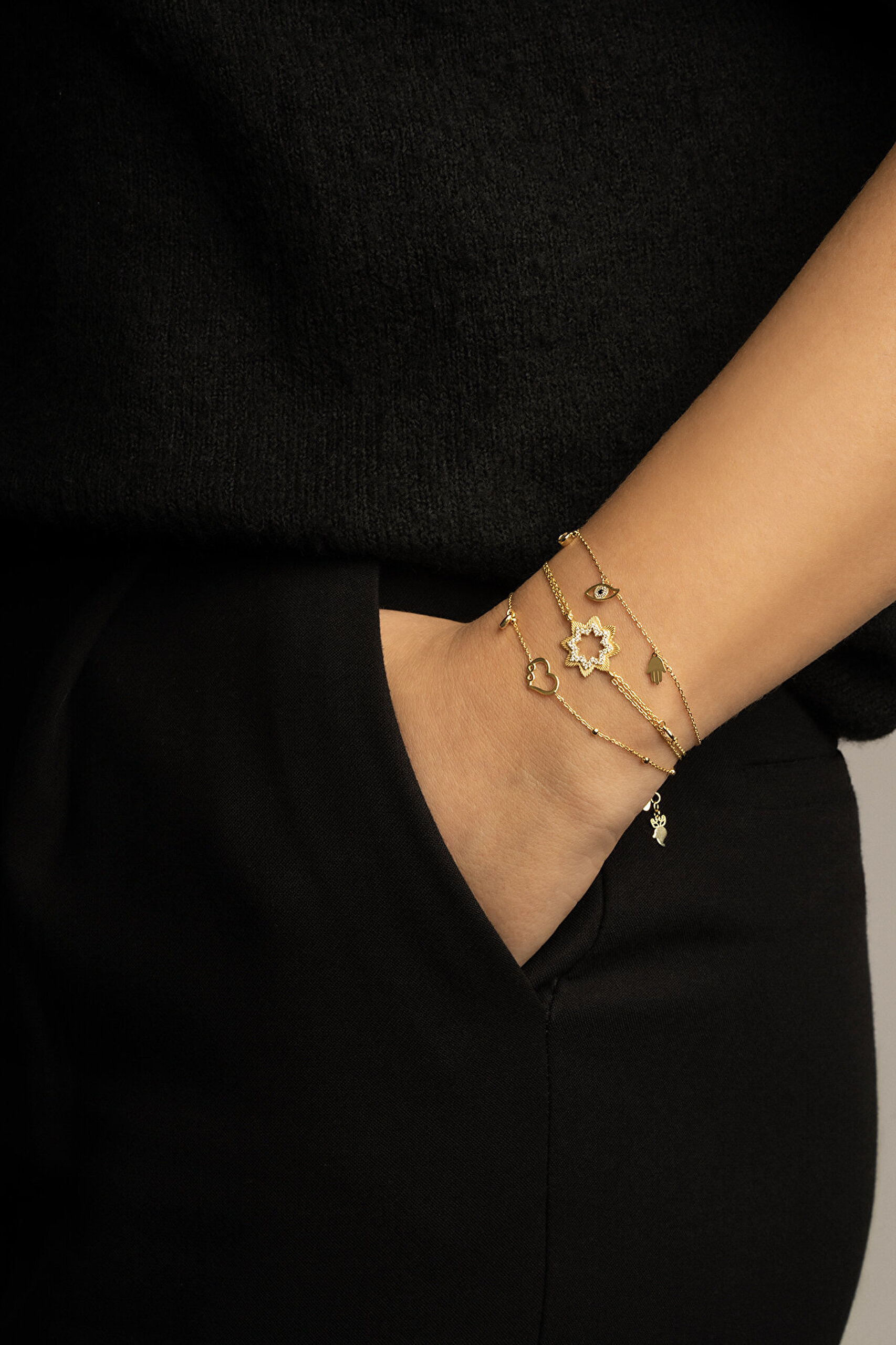 Şans İkonlu 18 Ayar Sarı Altın Kaplama 18 Cm  Gümüş Minimal Bileklik - 1