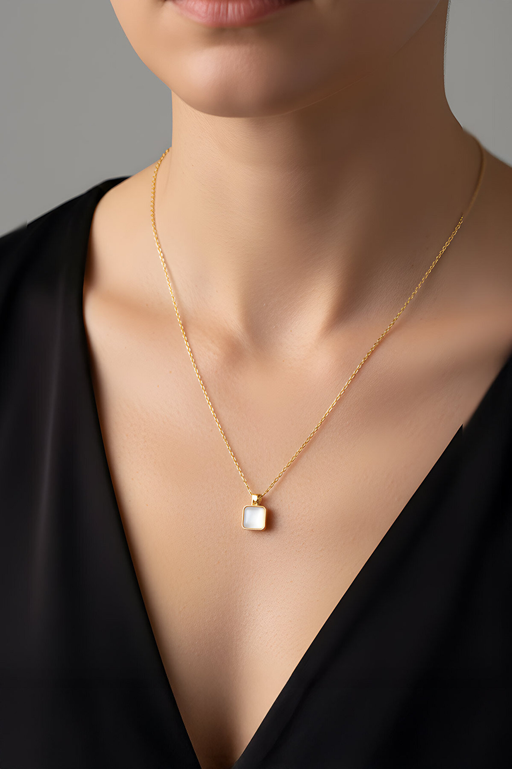 Parlak Sedef 18 Ayar Sarı Altın Kaplama 43 Cm Gümüş Minimal Kolye - 2